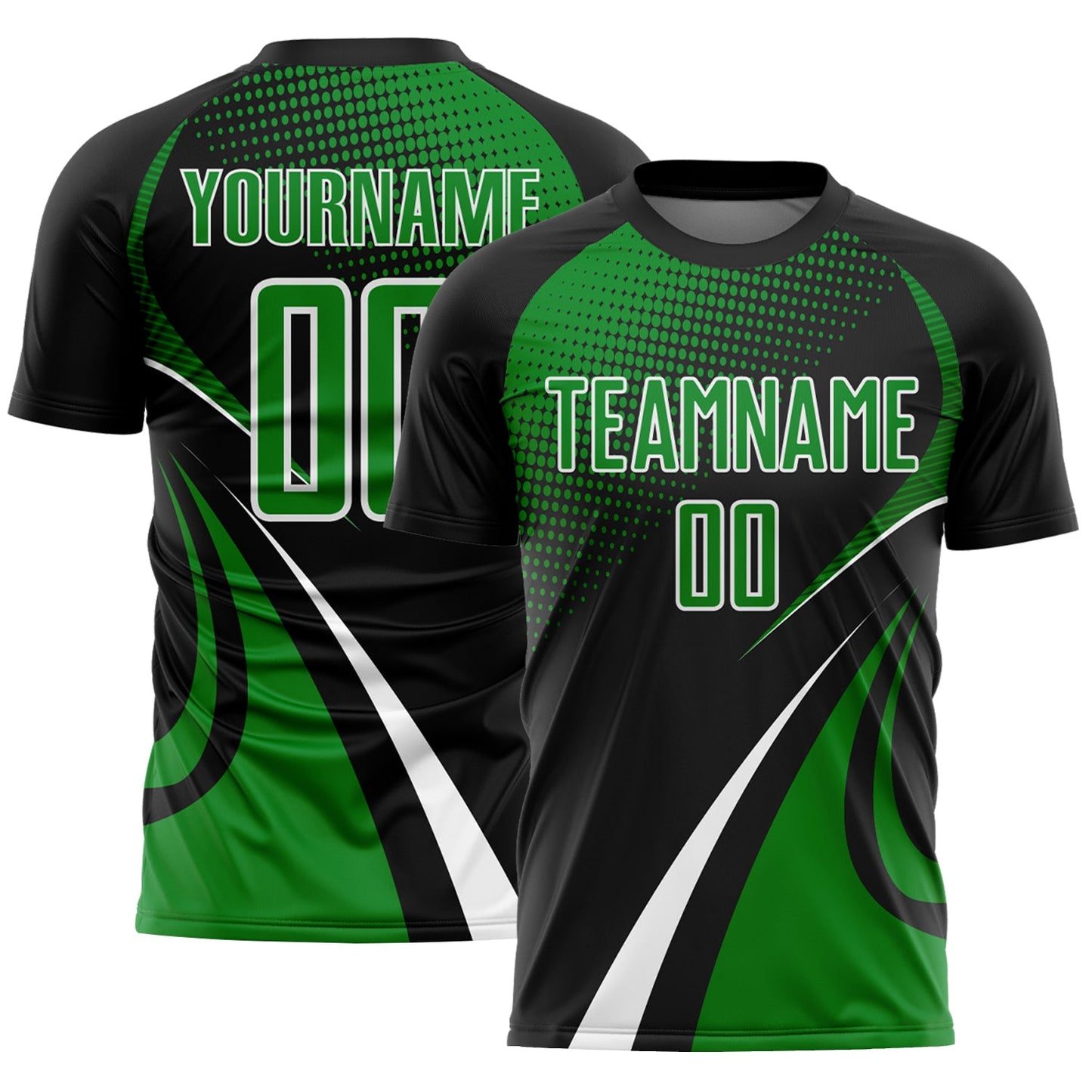 Custom Black Grass Green-White Halftone Dot Dynamic Curve Stripe Sublimation Soccer Uniform Jersey - Main View