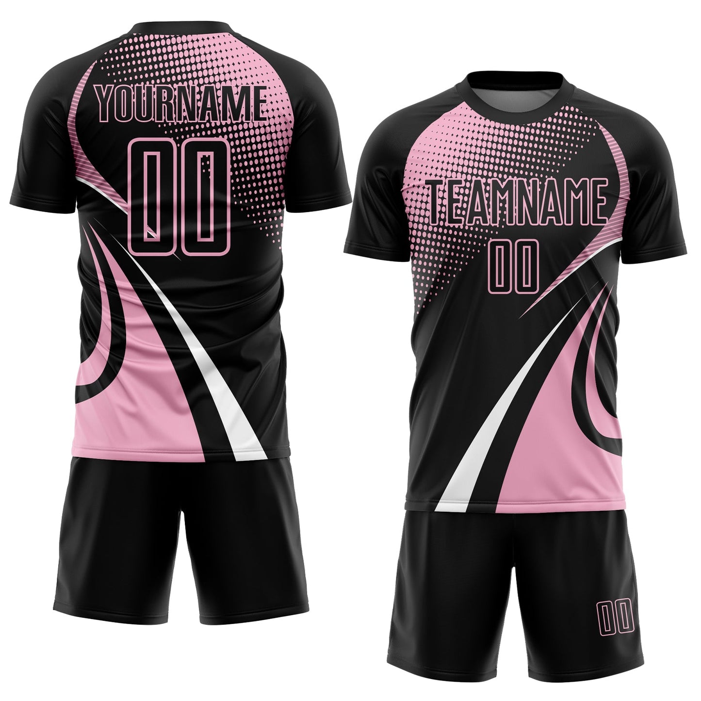 Custom Black Light Pink-White Halftone Dot Dynamic Curve Stripe Sublimation Soccer Uniform Jersey view 2