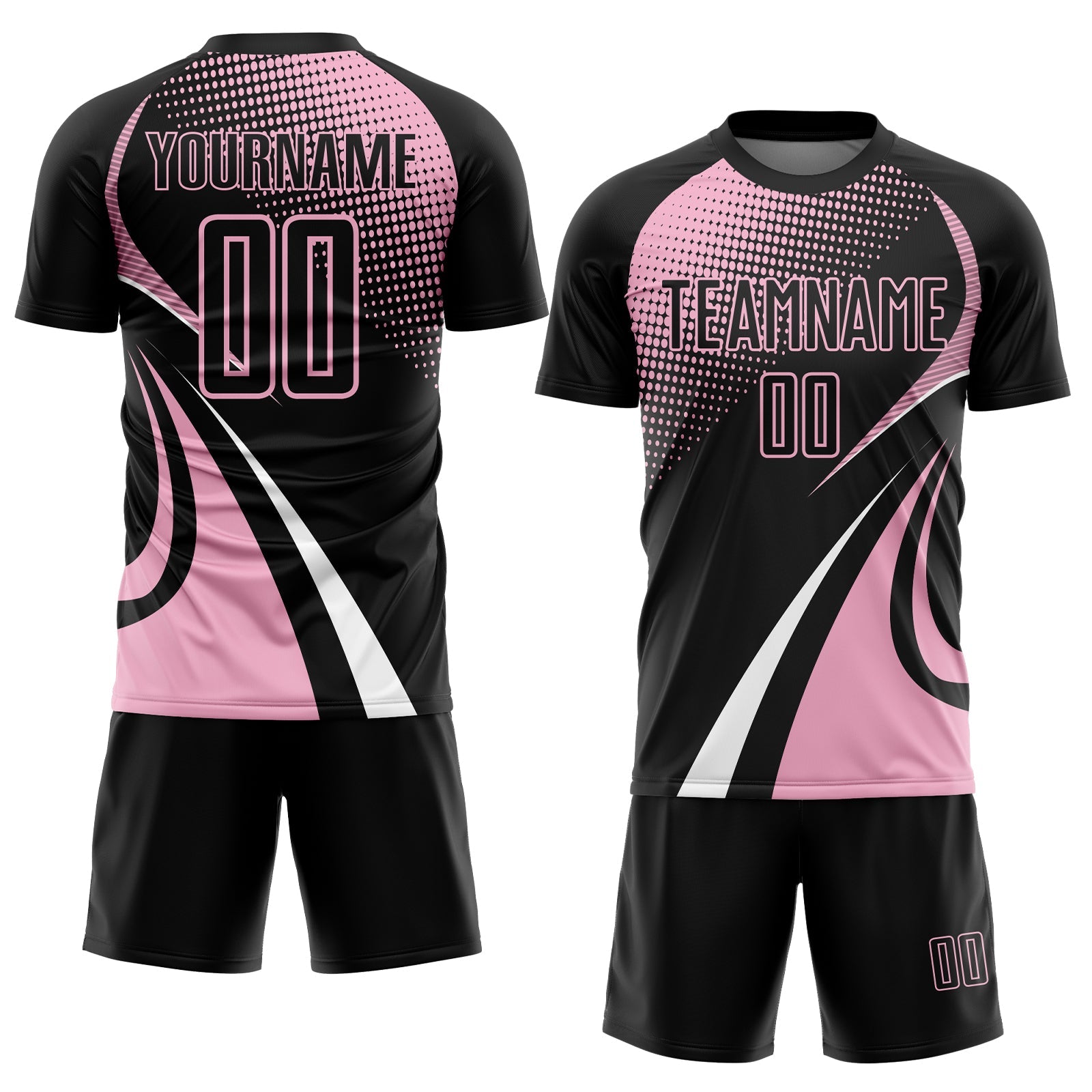 Custom Black Light Pink-White Halftone Dot Dynamic Curve Stripe Sublimation Soccer Uniform Jersey view 2