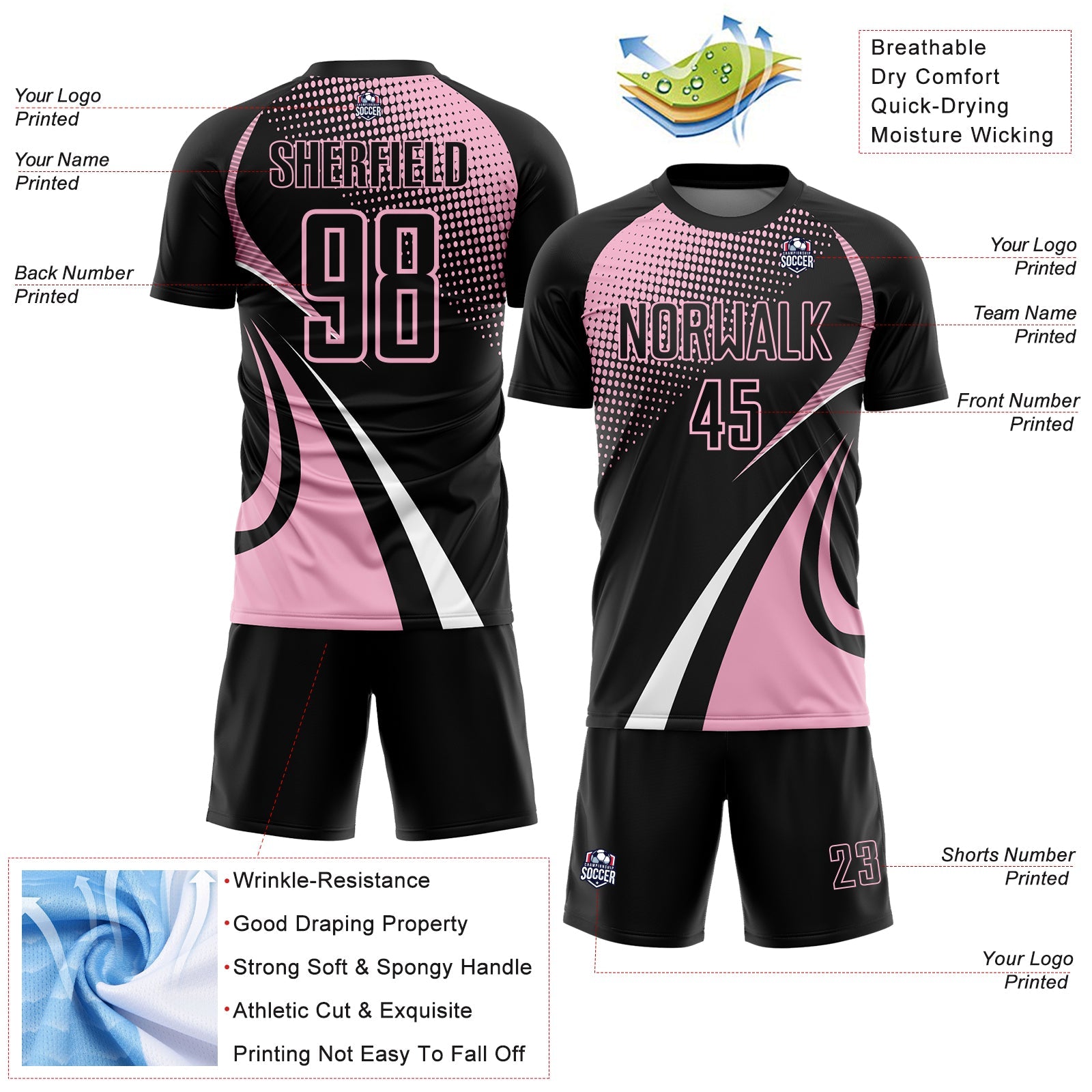 Custom Black Light Pink-White Halftone Dot Dynamic Curve Stripe Sublimation Soccer Uniform Jersey view 4