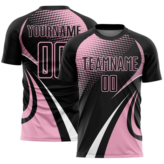 Custom Black Light Pink-White Halftone Dot Dynamic Curve Stripe Sublimation Soccer Uniform Jersey - Main View