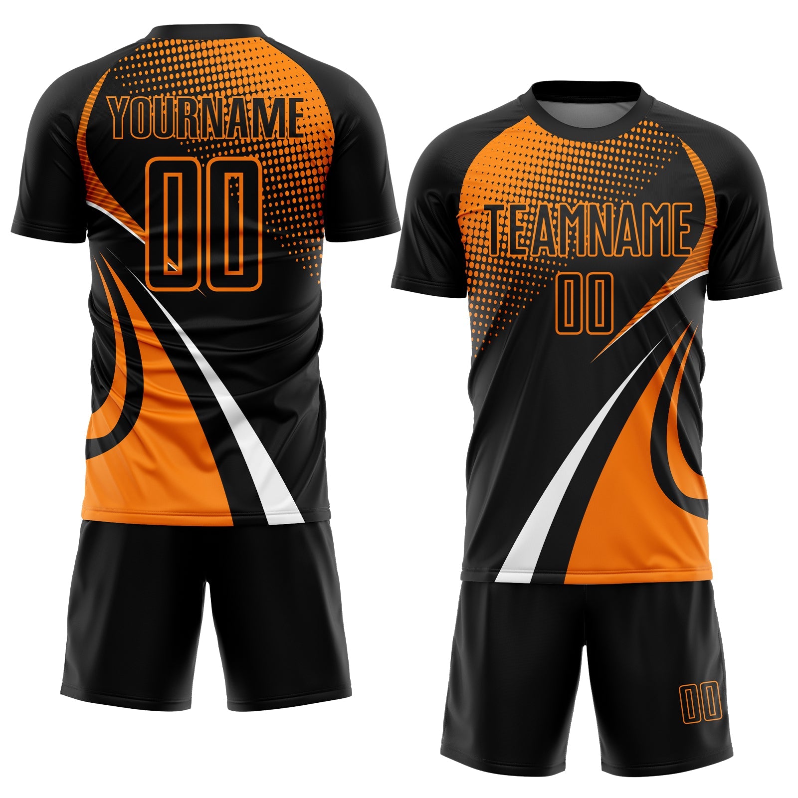 Custom Black Bay Orange-White Halftone Dot Dynamic Curve Stripe Sublimation Soccer Uniform Jersey view 2