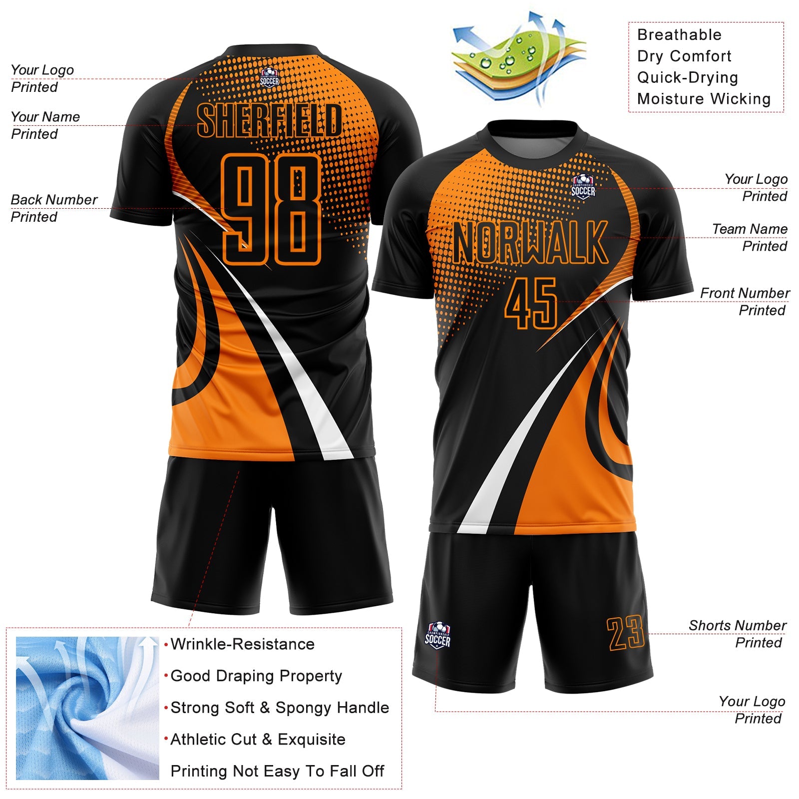 Custom Black Bay Orange-White Halftone Dot Dynamic Curve Stripe Sublimation Soccer Uniform Jersey view 4