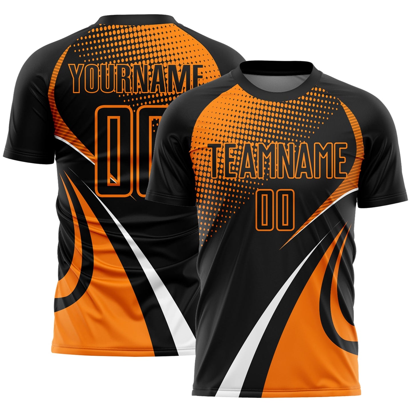 Custom Black Bay Orange-White Halftone Dot Dynamic Curve Stripe Sublimation Soccer Uniform Jersey - Main View