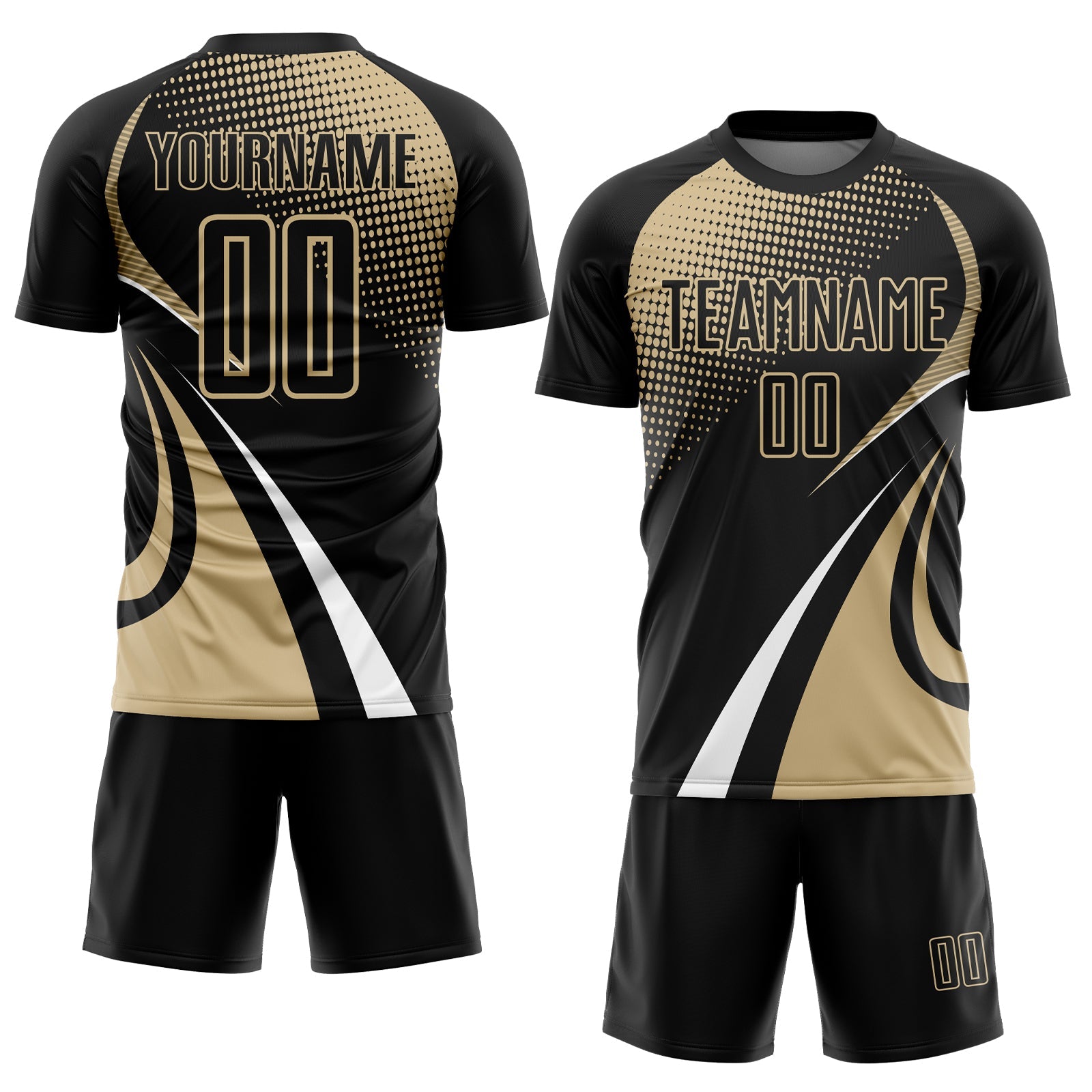Custom Black Vegas Gold-White Halftone Dot Dynamic Curve Stripe Sublimation Soccer Uniform Jersey view 2