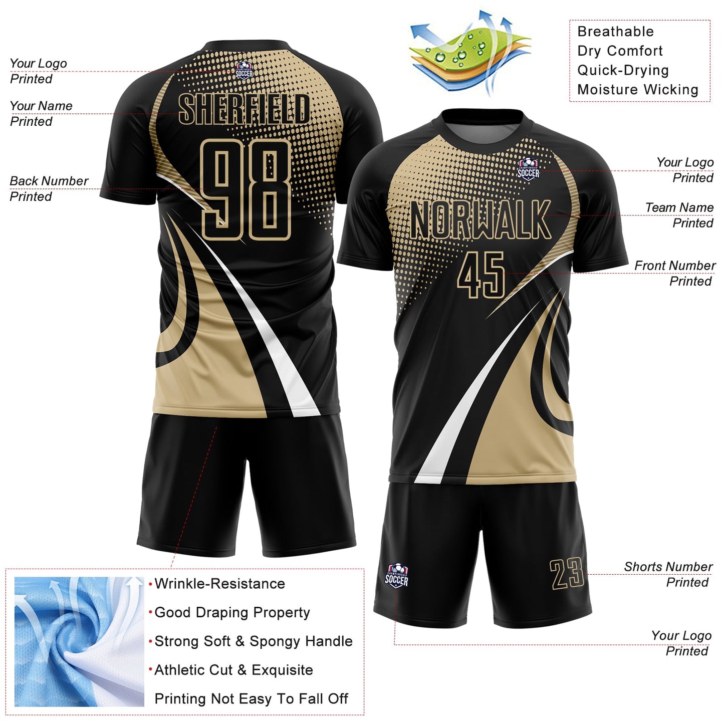 Custom Black Vegas Gold-White Halftone Dot Dynamic Curve Stripe Sublimation Soccer Uniform Jersey view 4