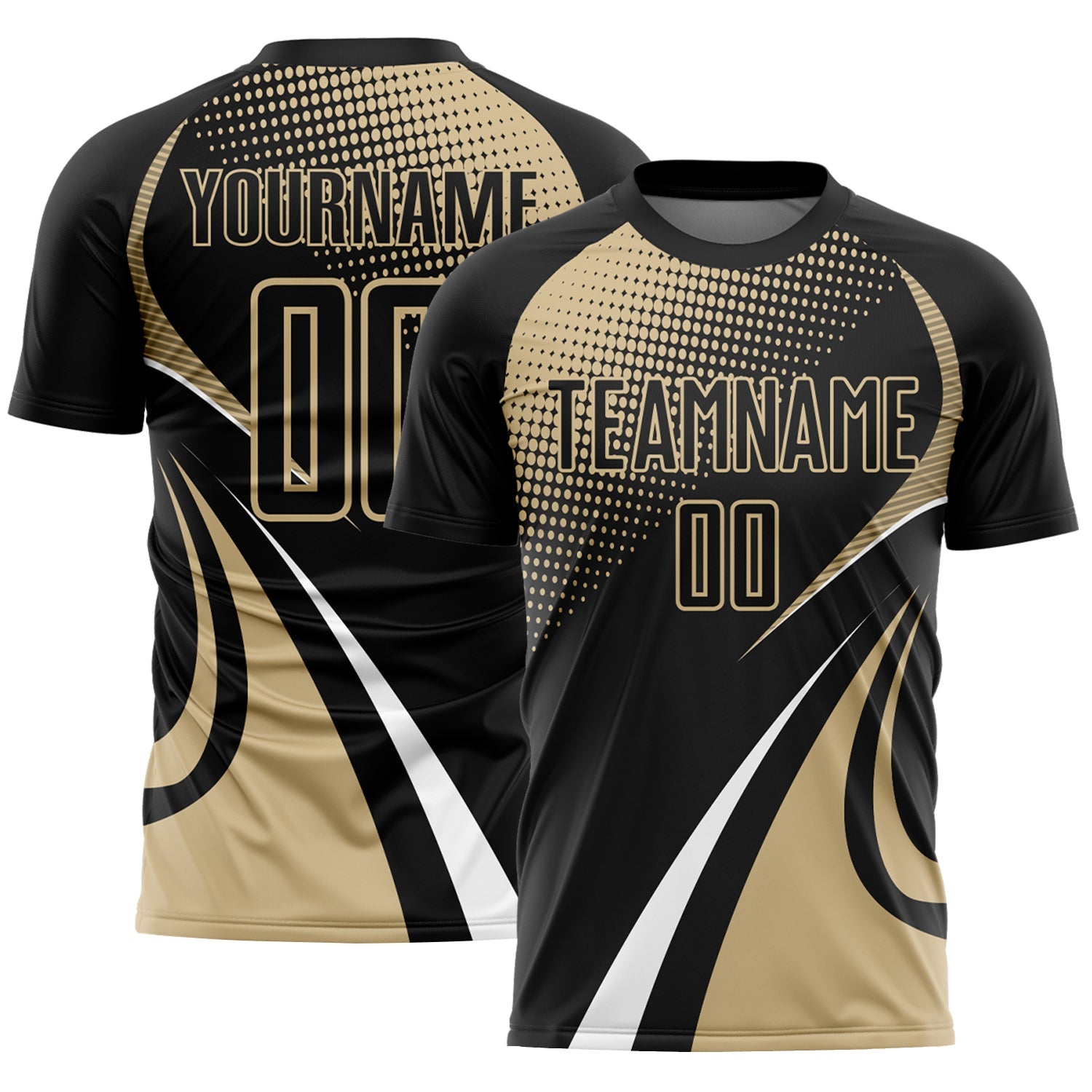 Custom Black Vegas Gold-White Halftone Dot Dynamic Curve Stripe Sublimation Soccer Uniform Jersey - Main View