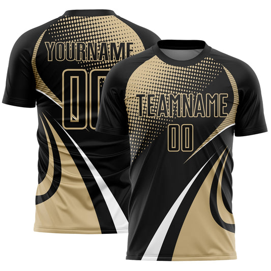 Custom Black Vegas Gold-White Halftone Dot Dynamic Curve Stripe Sublimation Soccer Uniform Jersey - Main View