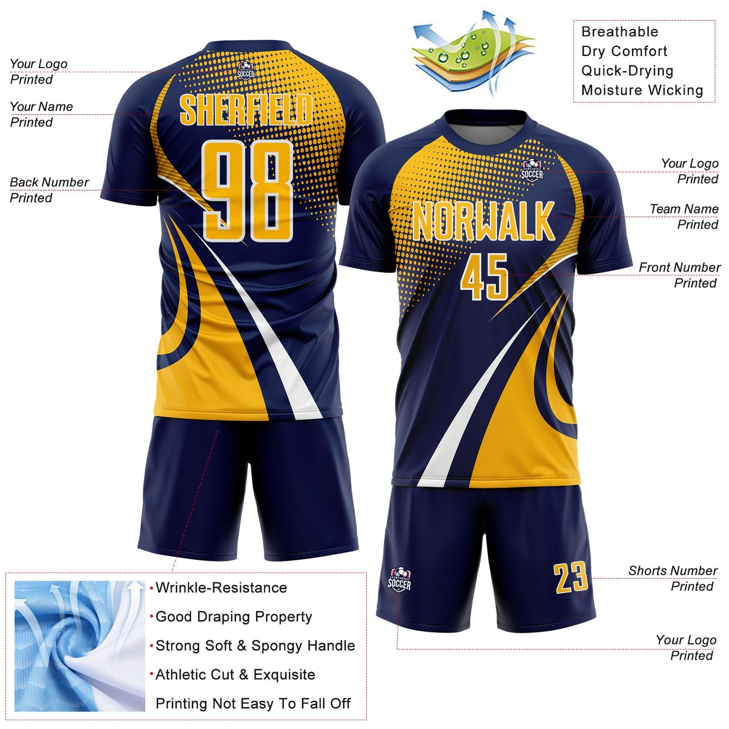 Custom Navy Gold-White Halftone Dot Dynamic Curve Stripe Sublimation Soccer Uniform Jersey view 4