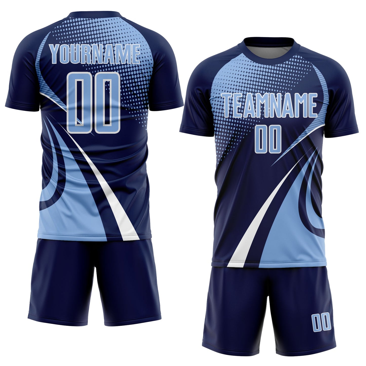 Custom Navy Light Blue-White Halftone Dot Dynamic Curve Stripe Sublimation Soccer Uniform Jersey view 2
