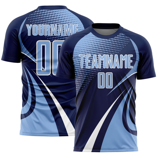 Custom Navy Light Blue-White Halftone Dot Dynamic Curve Stripe Sublimation Soccer Uniform Jersey - Main View