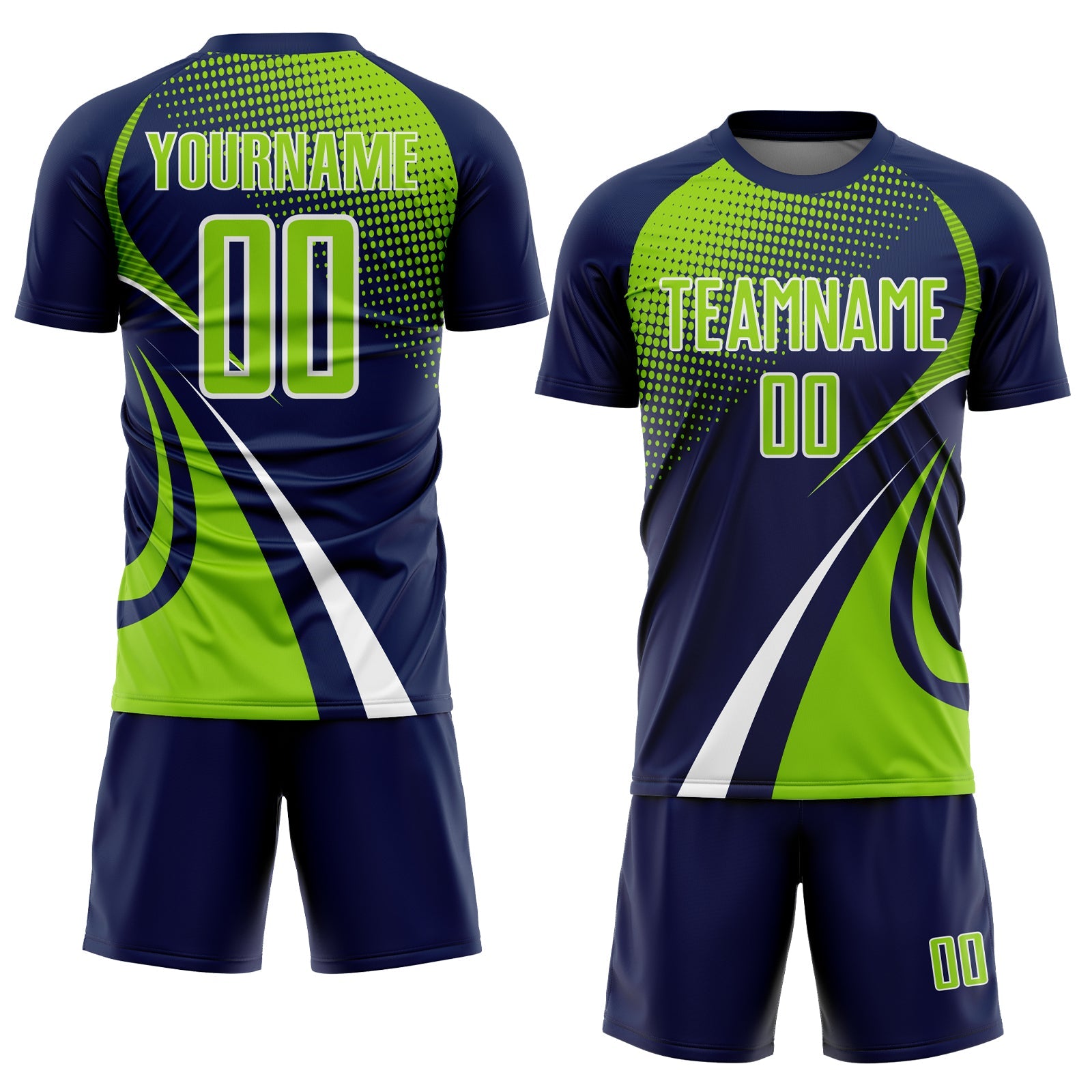 Custom Navy Neon Green-White Halftone Dot Dynamic Curve Stripe Sublimation Soccer Uniform Jersey view 2