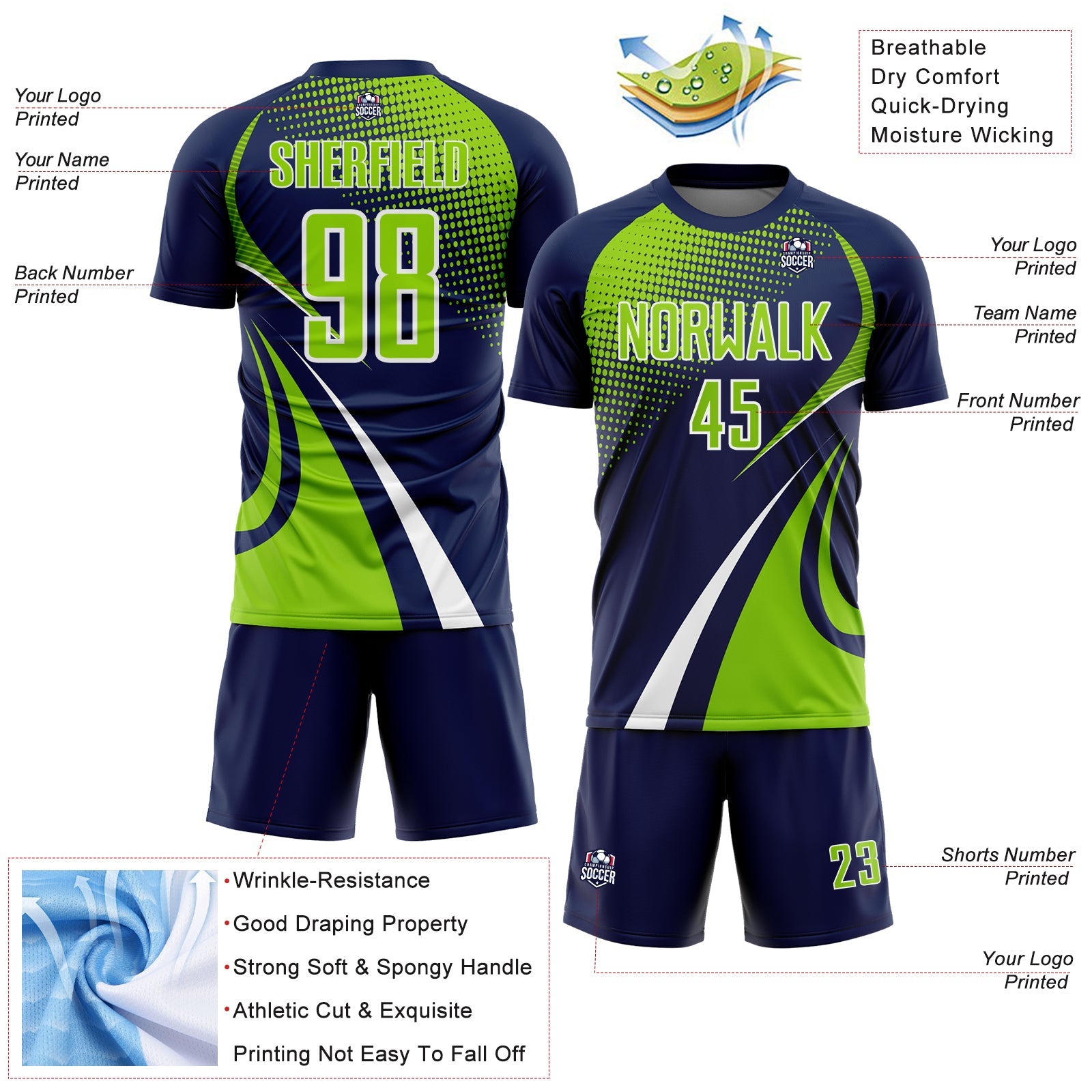 Custom Navy Neon Green-White Halftone Dot Dynamic Curve Stripe Sublimation Soccer Uniform Jersey view 4