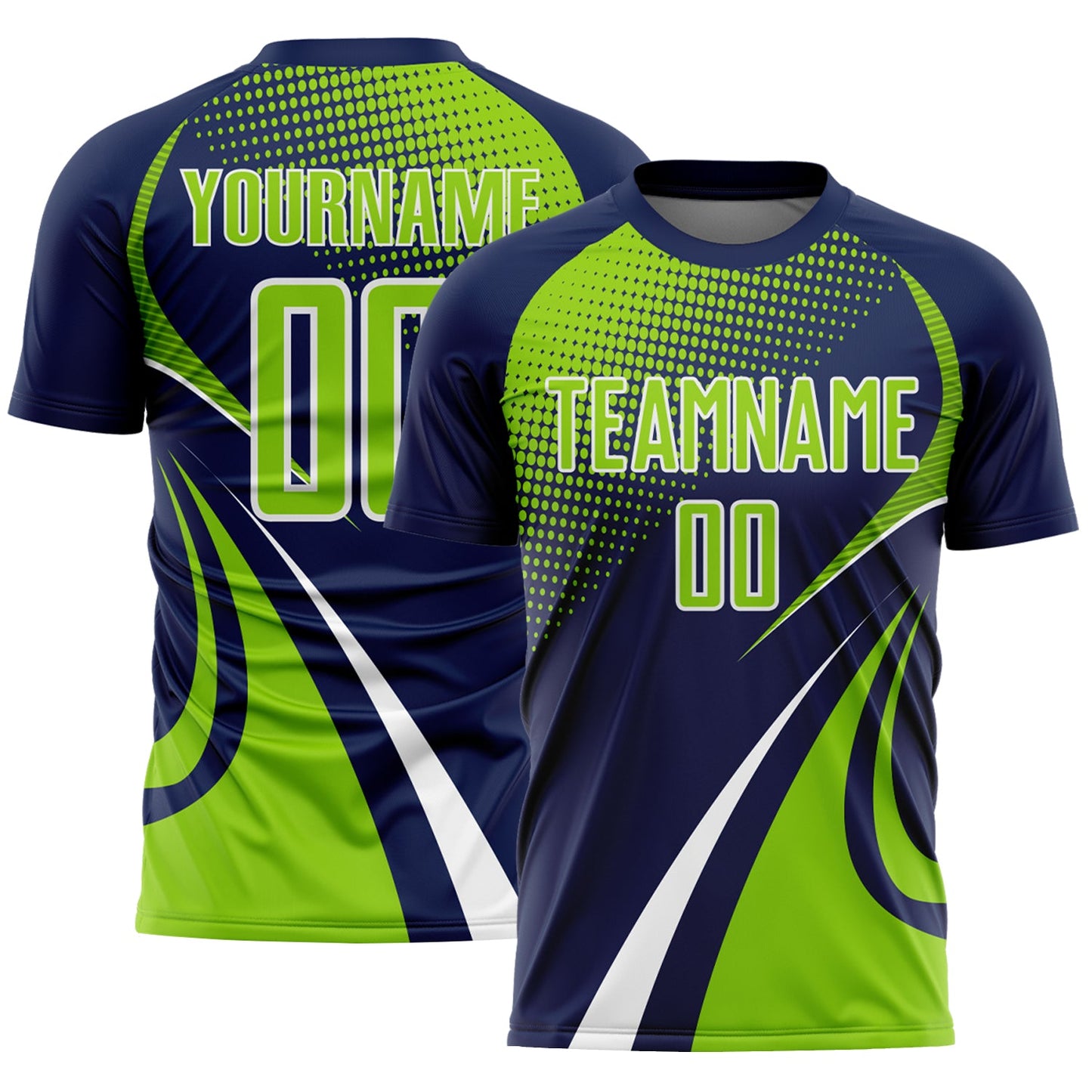Custom Navy Neon Green-White Halftone Dot Dynamic Curve Stripe Sublimation Soccer Uniform Jersey - Main View