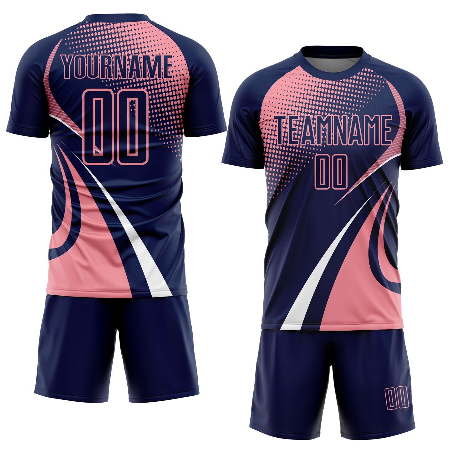 Custom Navy Medium Pink-White Halftone Dot Dynamic Curve Stripe Sublimation Soccer Uniform Jersey view 2