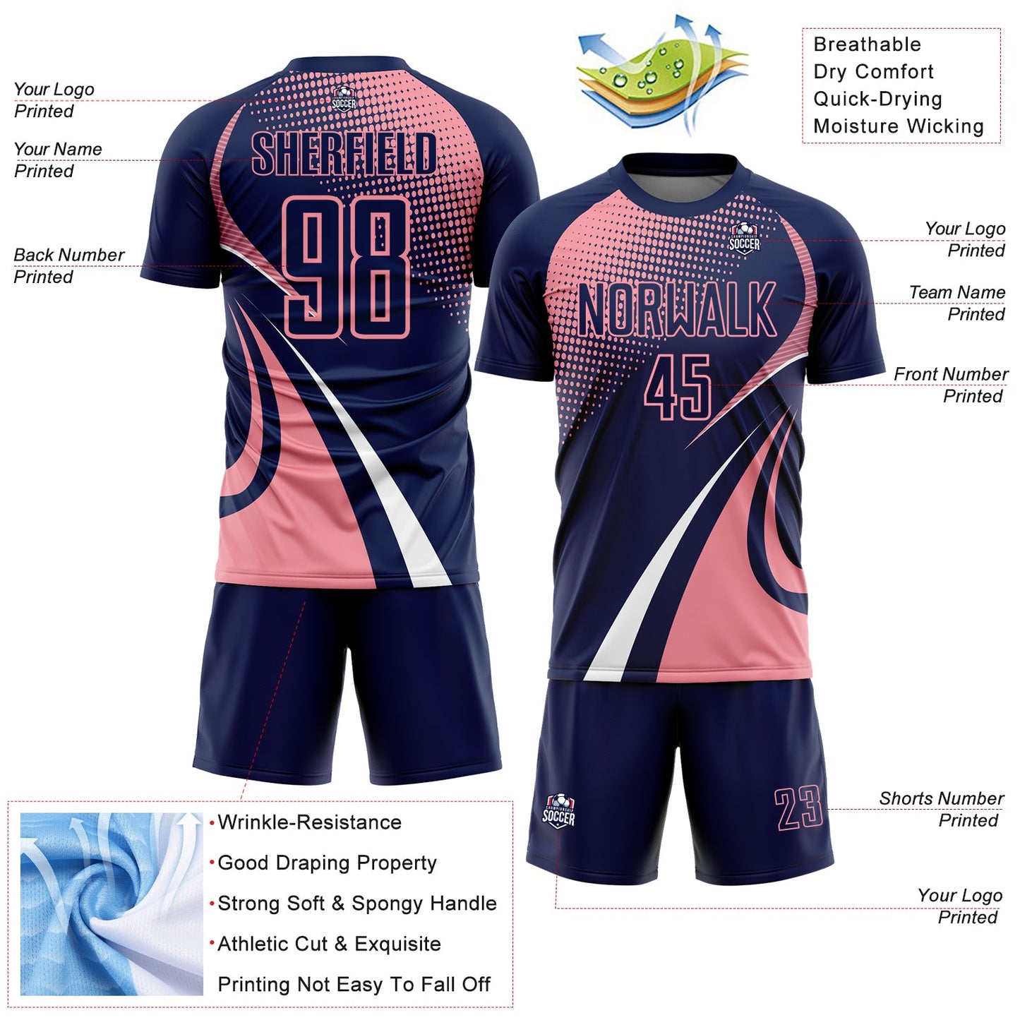Custom Navy Medium Pink-White Halftone Dot Dynamic Curve Stripe Sublimation Soccer Uniform Jersey view 4