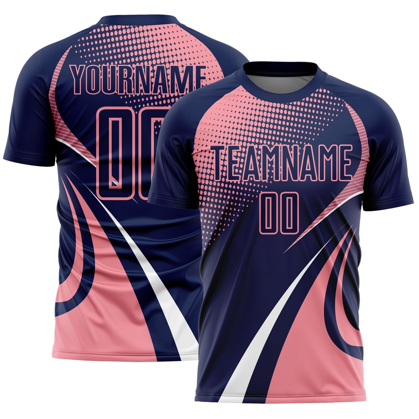 Custom Navy Medium Pink-White Halftone Dot Dynamic Curve Stripe Sublimation Soccer Uniform Jersey - Main View