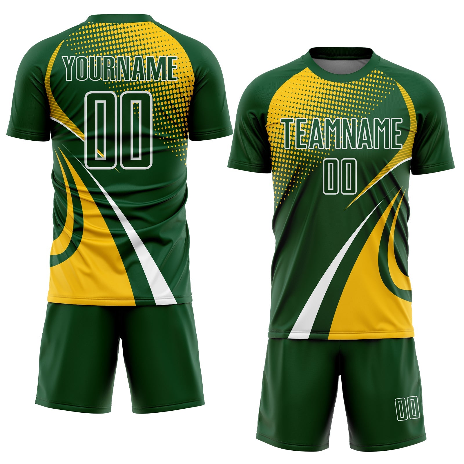 Custom Green Yellow-White Halftone Dot Dynamic Curve Stripe Sublimation Soccer Uniform Jersey view 2