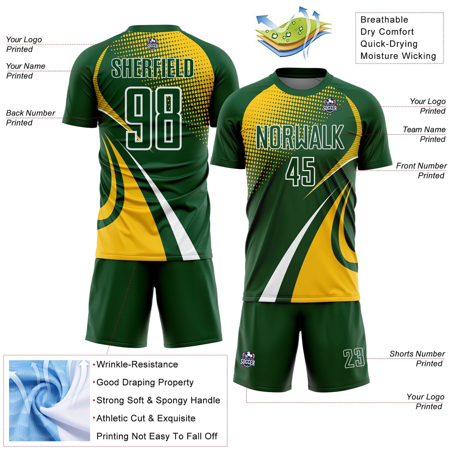 Custom Green Yellow-White Halftone Dot Dynamic Curve Stripe Sublimation Soccer Uniform Jersey view 4