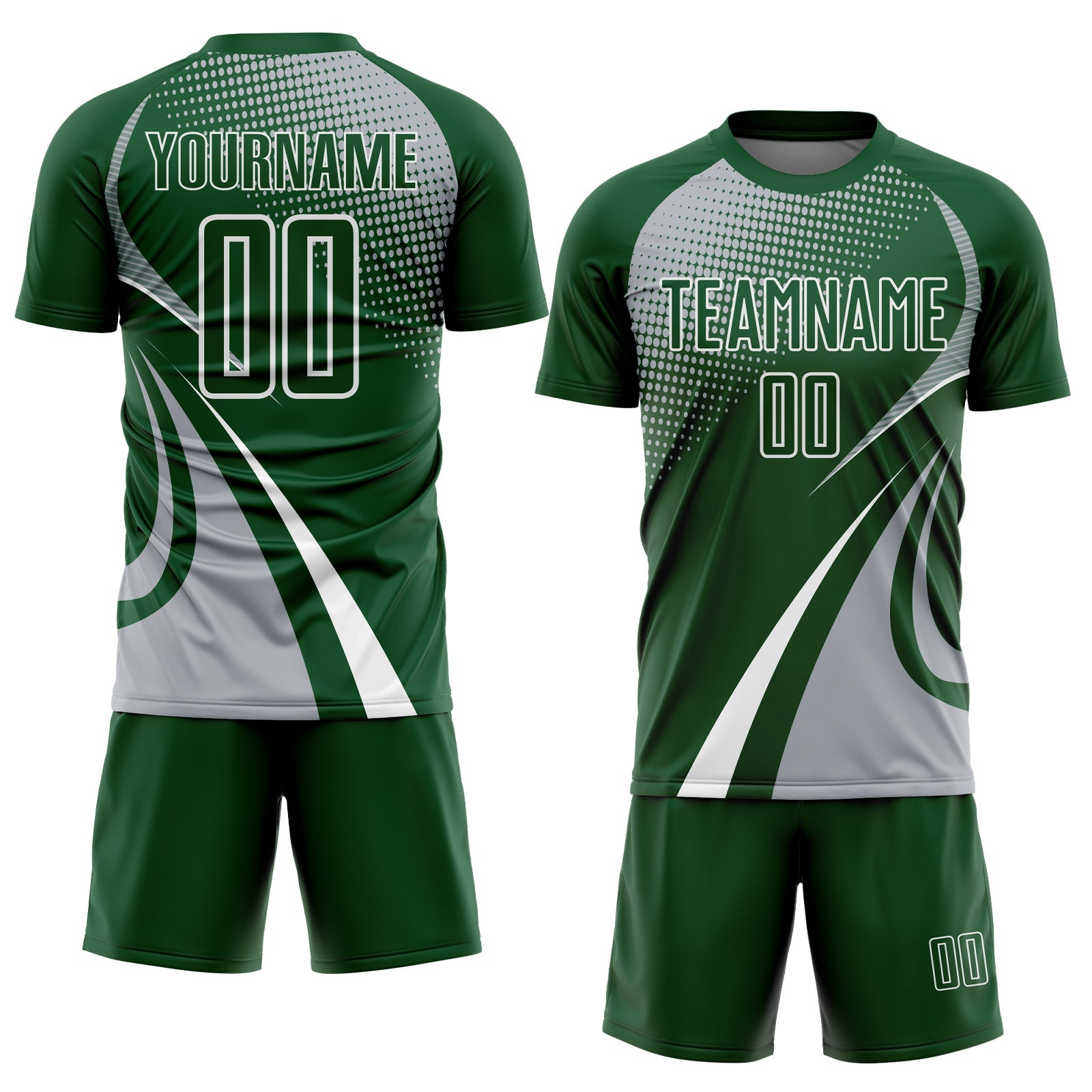 Custom Green Gray-White Halftone Dot Dynamic Curve Stripe Sublimation Soccer Uniform Jersey view 2