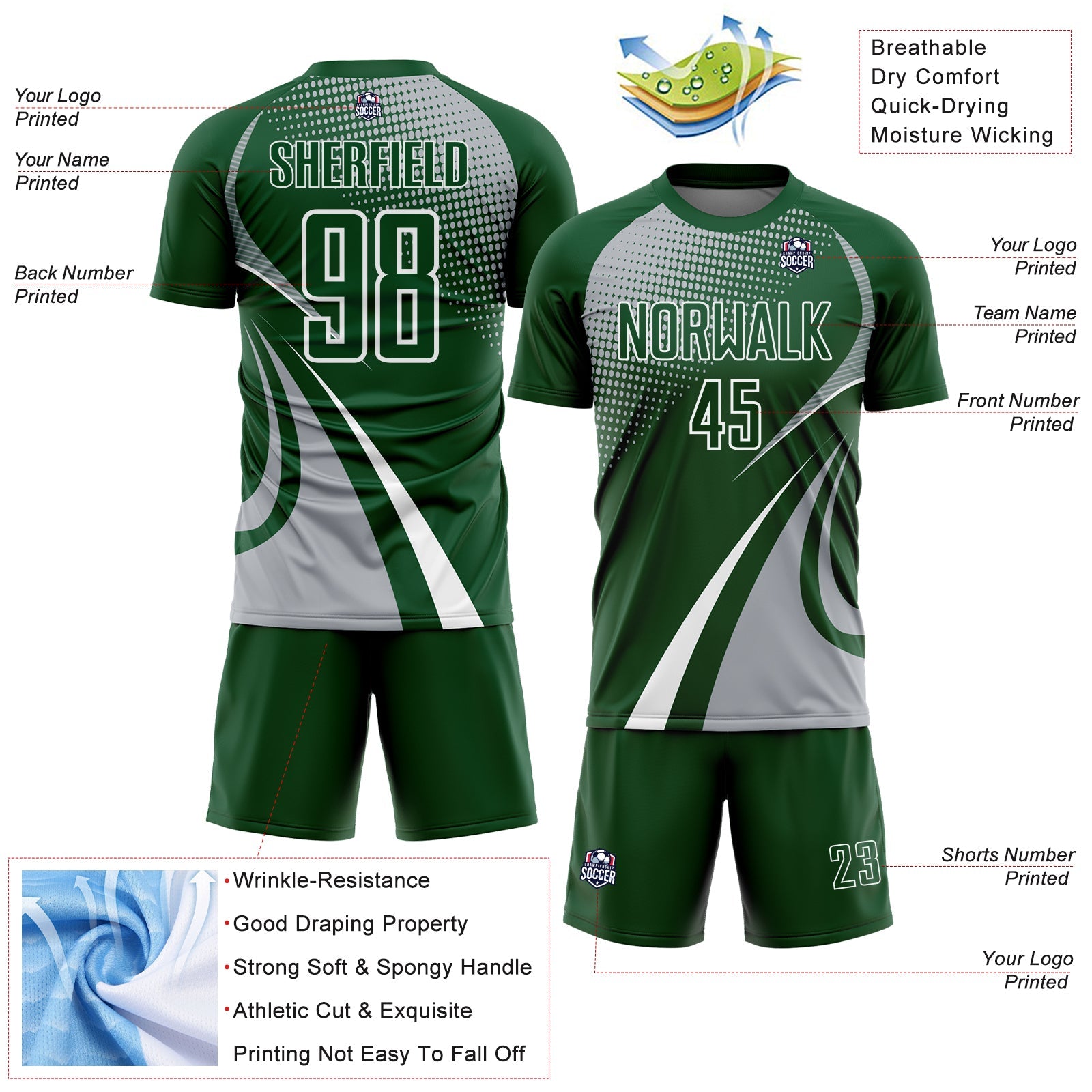 Custom Green Gray-White Halftone Dot Dynamic Curve Stripe Sublimation Soccer Uniform Jersey view 4