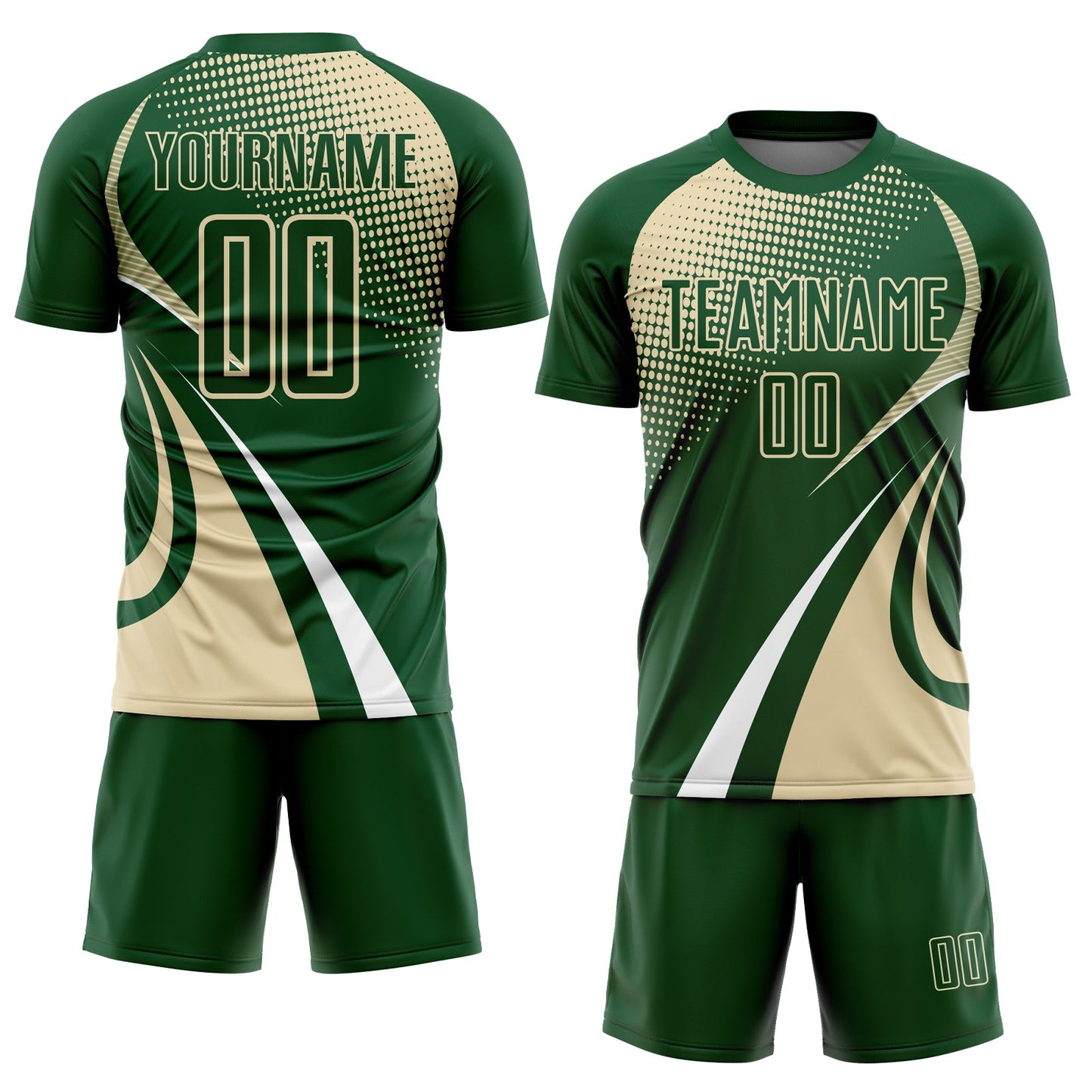 Custom Green Cream-White Halftone Dot Dynamic Curve Stripe Sublimation Soccer Uniform Jersey view 2