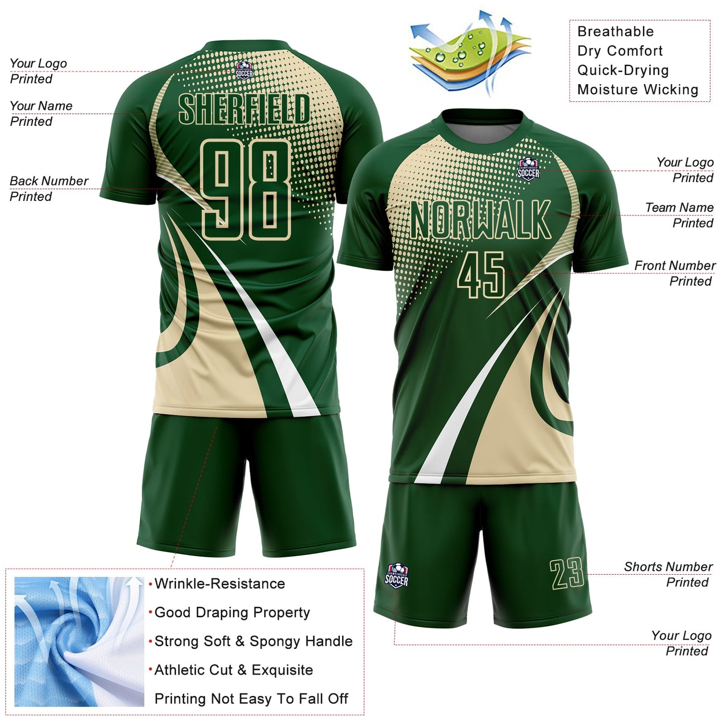 Custom Green Cream-White Halftone Dot Dynamic Curve Stripe Sublimation Soccer Uniform Jersey view 4