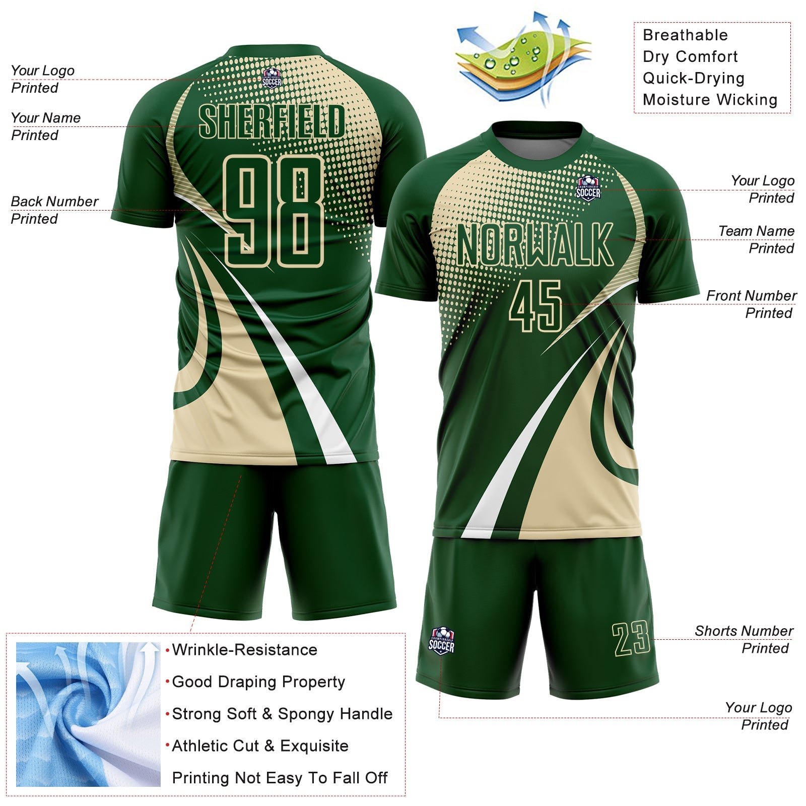 Custom Green Cream-White Halftone Dot Dynamic Curve Stripe Sublimation Soccer Uniform Jersey view 4