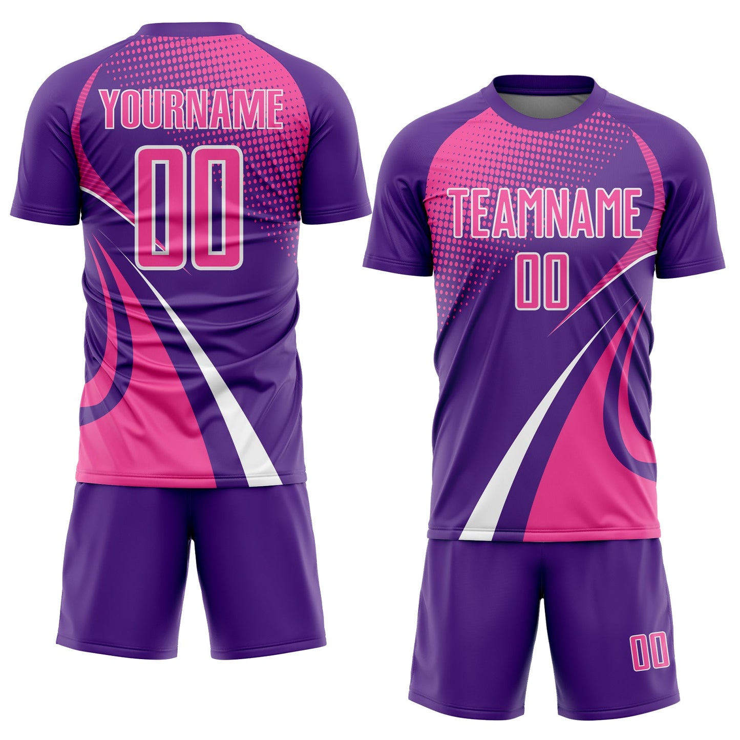 Custom Purple Pink-White Halftone Dot Dynamic Curve Stripe Sublimation Soccer Uniform Jersey view 2