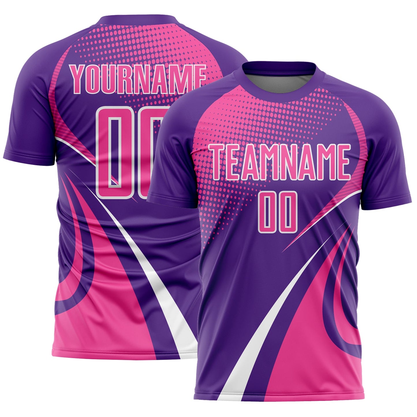 Custom Purple Pink-White Halftone Dot Dynamic Curve Stripe Sublimation Soccer Uniform Jersey - Main View