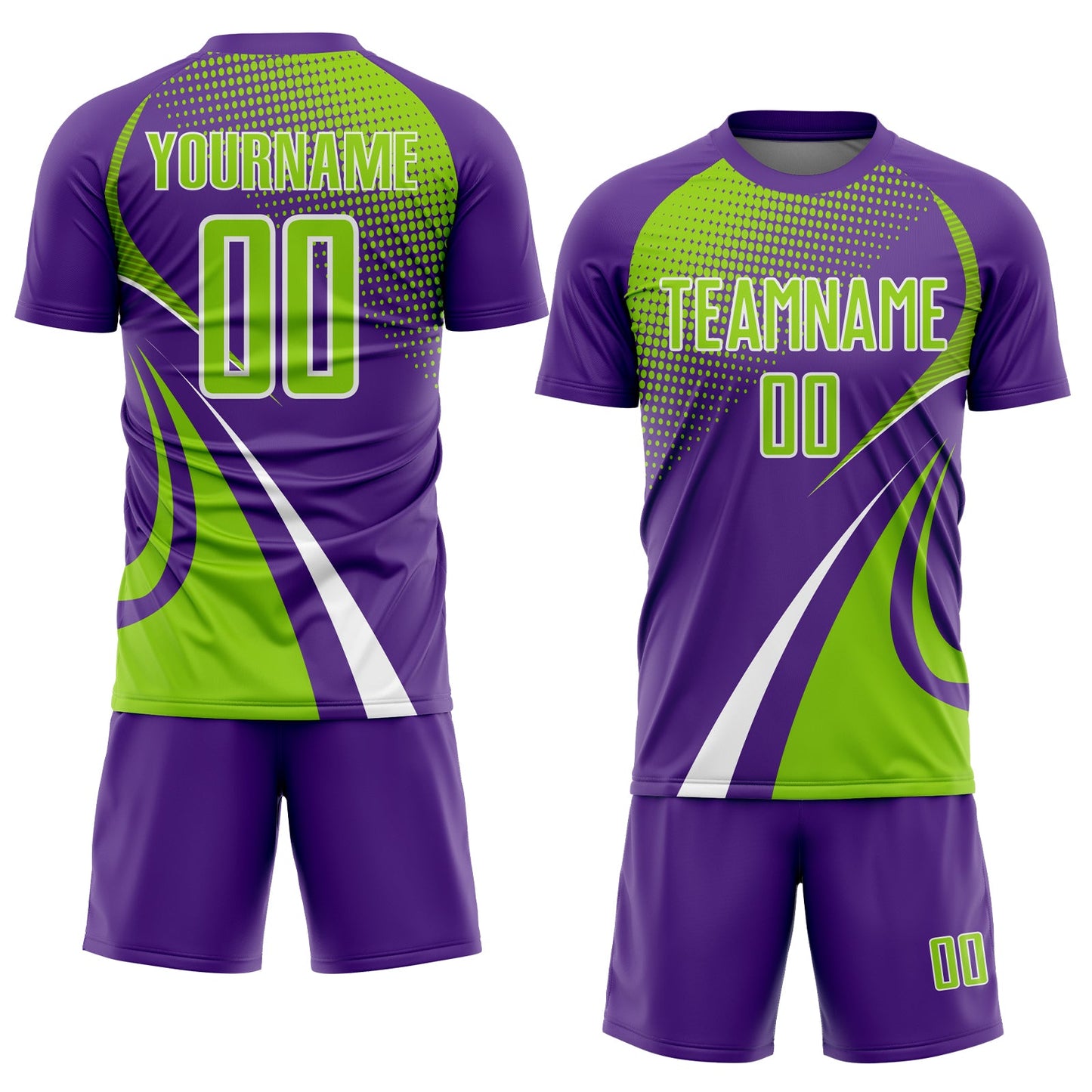 Custom Purple Neon Green-White Halftone Dot Dynamic Curve Stripe Sublimation Soccer Uniform Jersey view 2