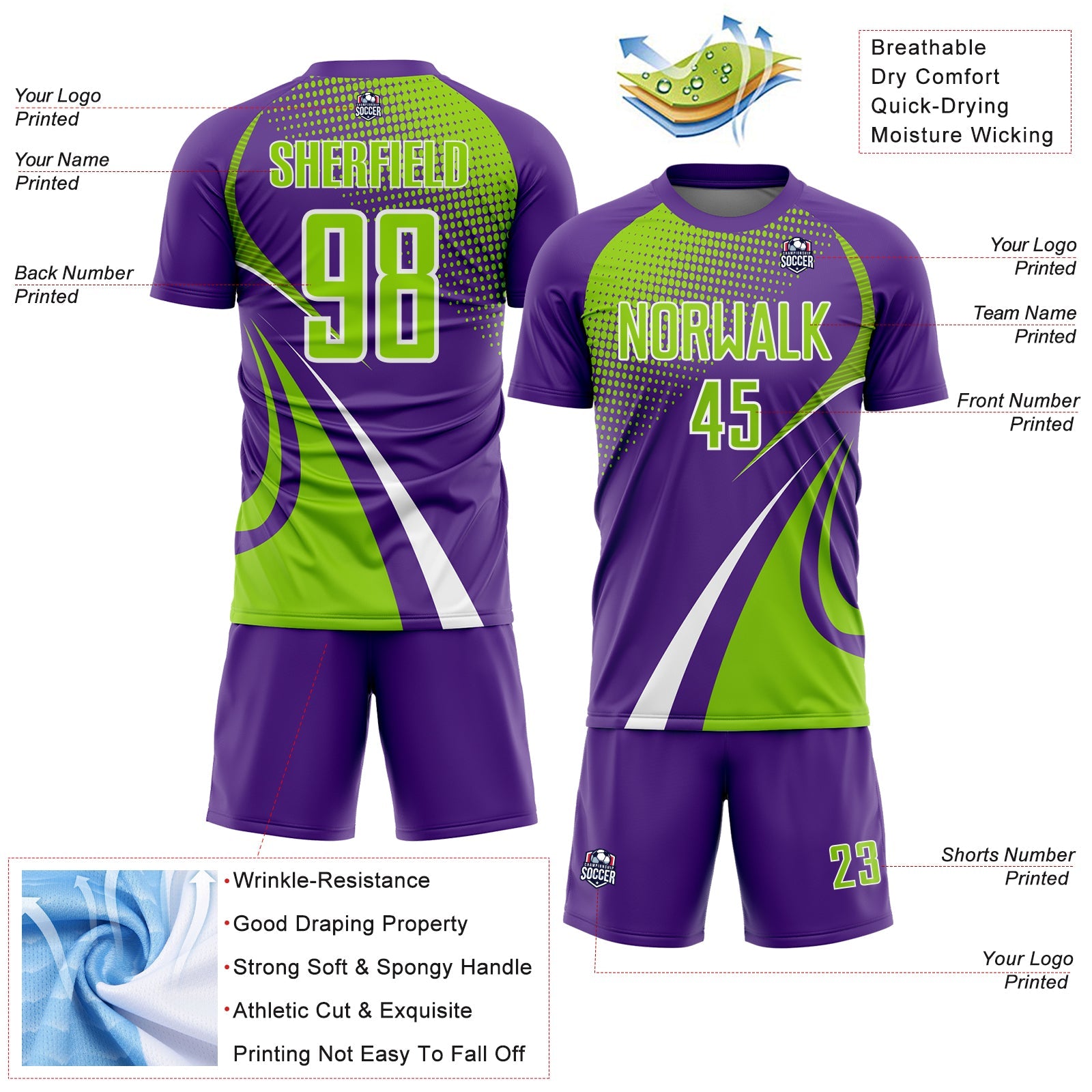 Custom Purple Neon Green-White Halftone Dot Dynamic Curve Stripe Sublimation Soccer Uniform Jersey view 4
