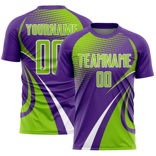 Custom Purple Neon Green-White Halftone Dot Dynamic Curve Stripe Sublimation Soccer Uniform Jersey - Main View