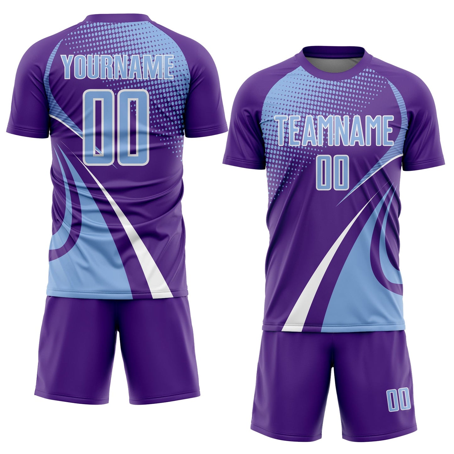 Custom Purple Light Blue-White Halftone Dot Dynamic Curve Stripe Sublimation Soccer Uniform Jersey view 2