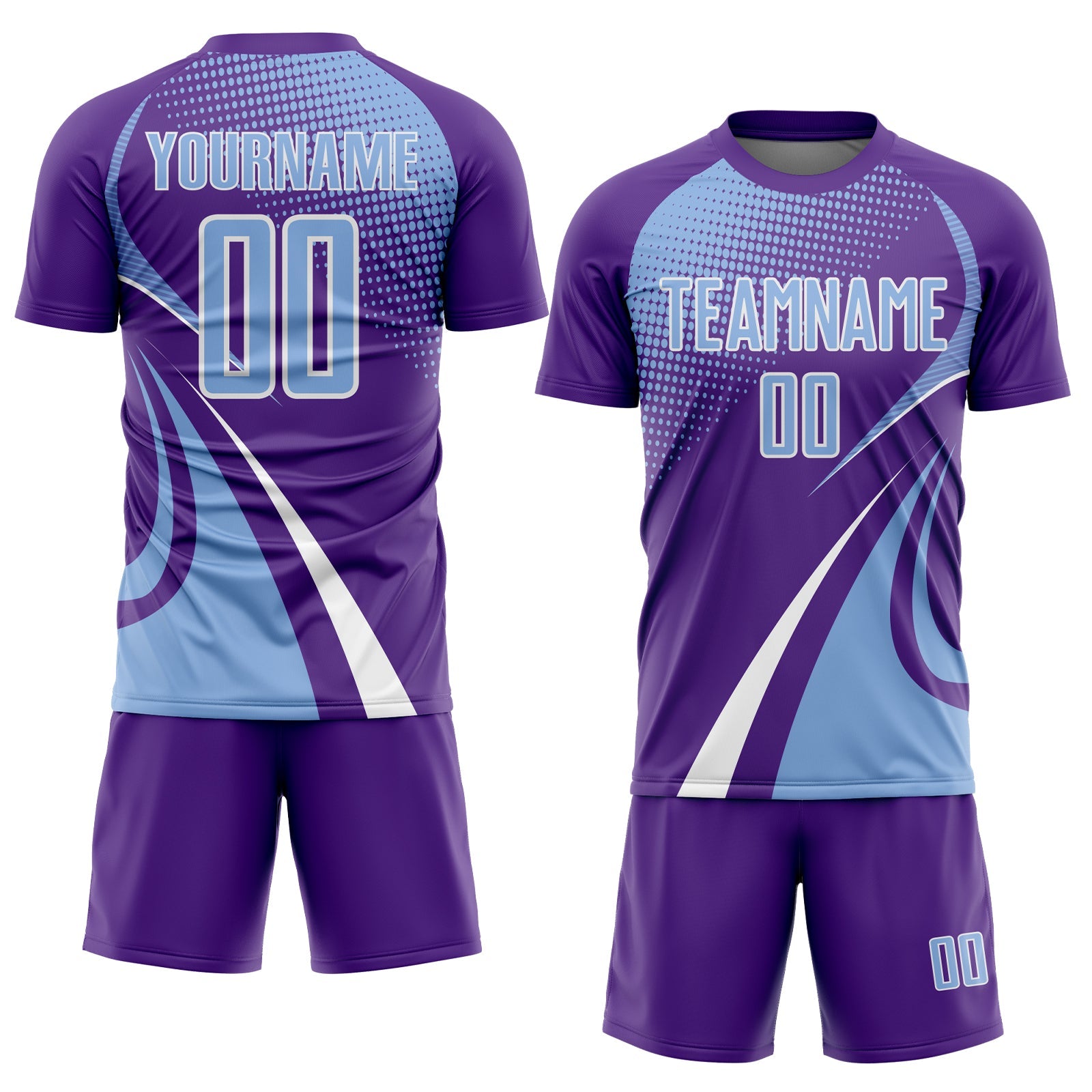 Custom Purple Light Blue-White Halftone Dot Dynamic Curve Stripe Sublimation Soccer Uniform Jersey view 2