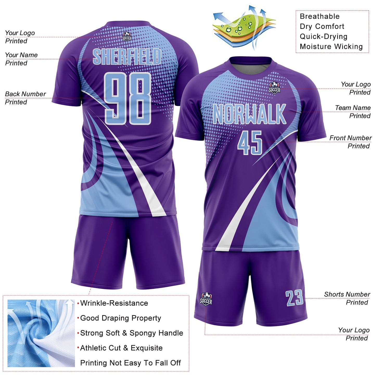 Custom Purple Light Blue-White Halftone Dot Dynamic Curve Stripe Sublimation Soccer Uniform Jersey view 4
