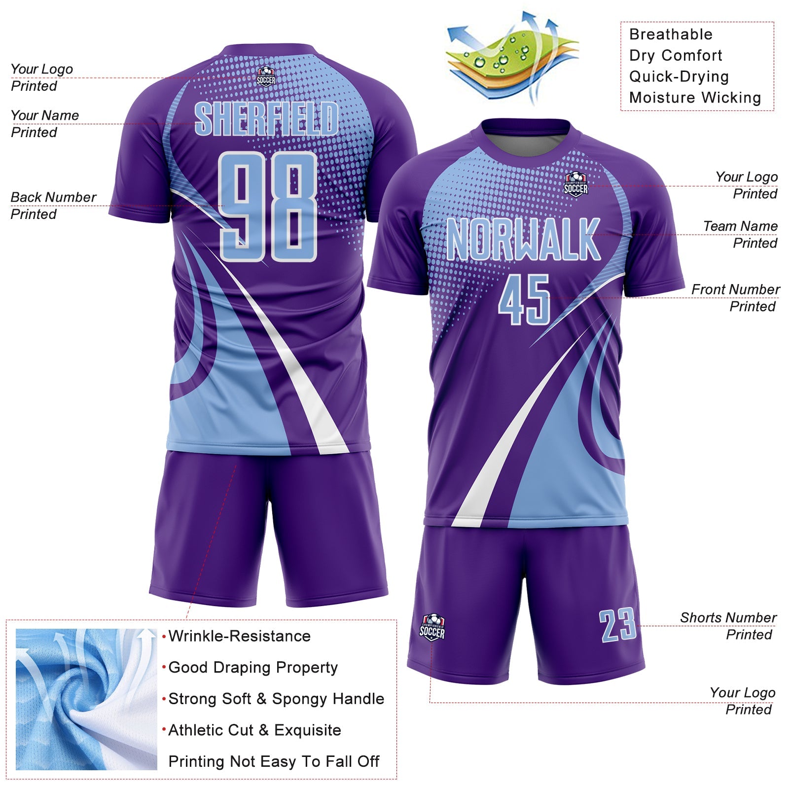 Custom Purple Light Blue-White Halftone Dot Dynamic Curve Stripe Sublimation Soccer Uniform Jersey view 4