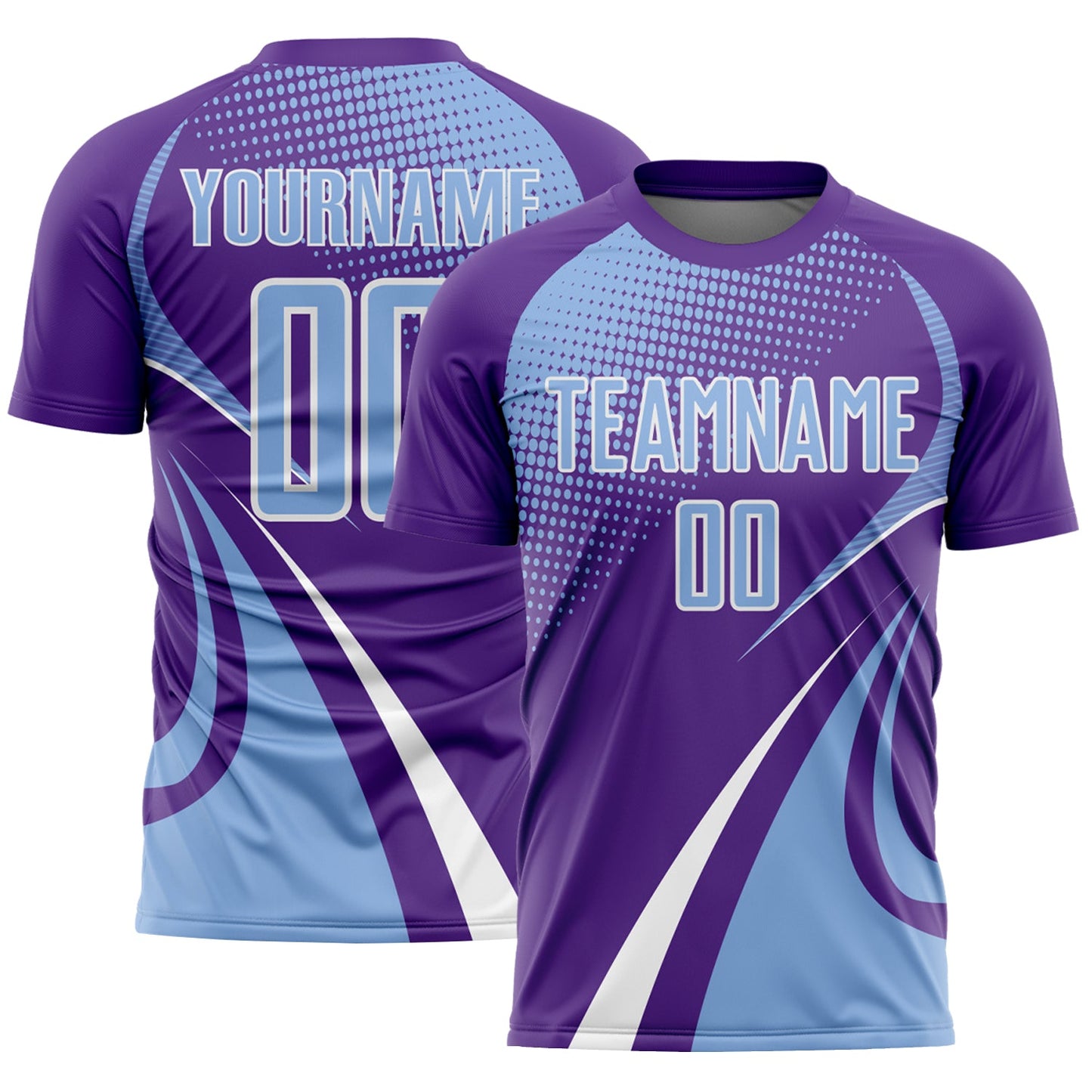 Custom Purple Light Blue-White Halftone Dot Dynamic Curve Stripe Sublimation Soccer Uniform Jersey - Main View