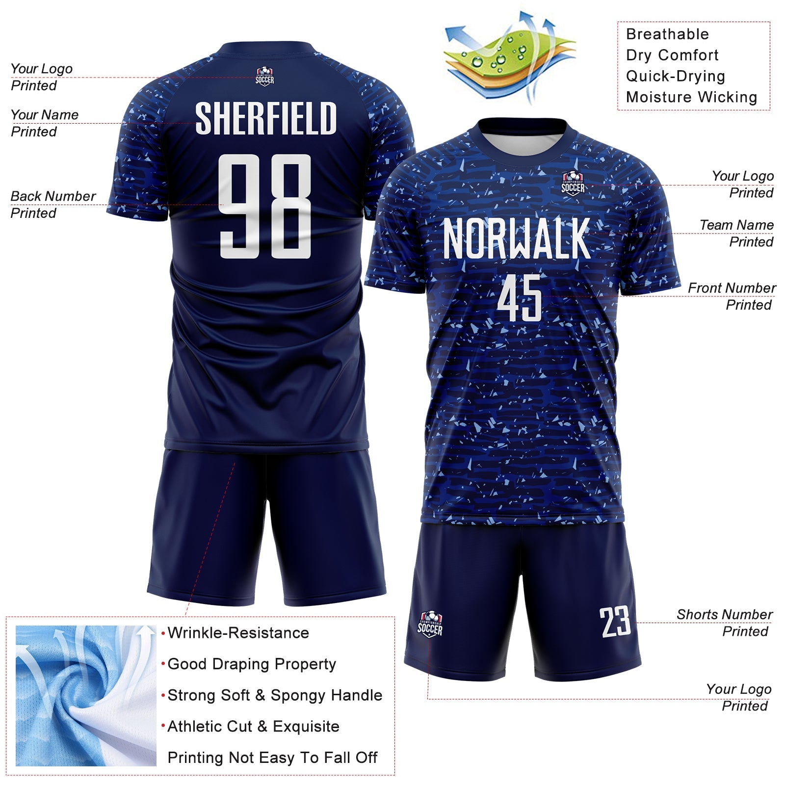 Custom Navy-White Distressed Fragment Brush Stroke Sublimation Soccer Uniform Jersey view 4