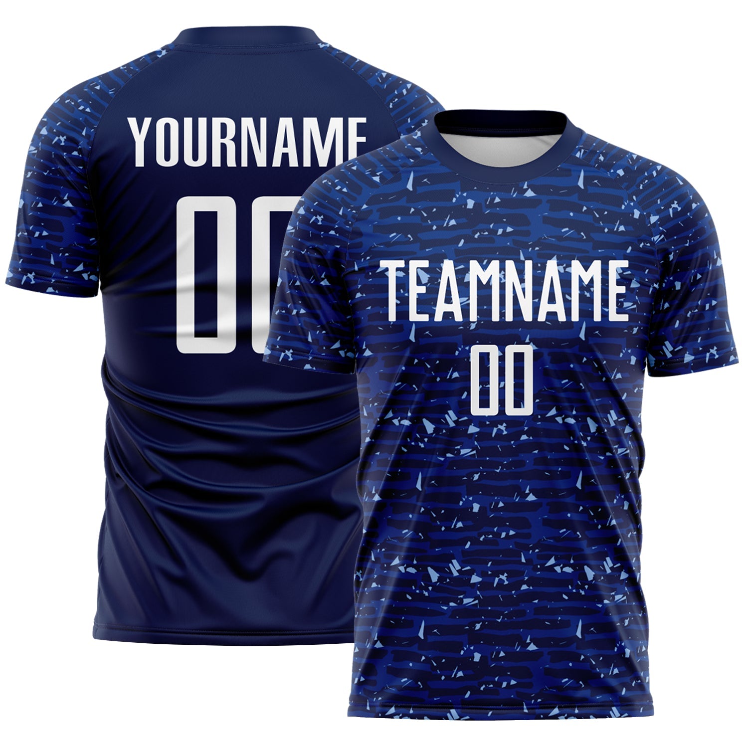 Custom Navy-White Distressed Fragment Brush Stroke Sublimation Soccer Uniform Jersey - Main View