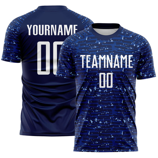 Custom Navy-White Distressed Fragment Brush Stroke Sublimation Soccer Uniform Jersey - Main View