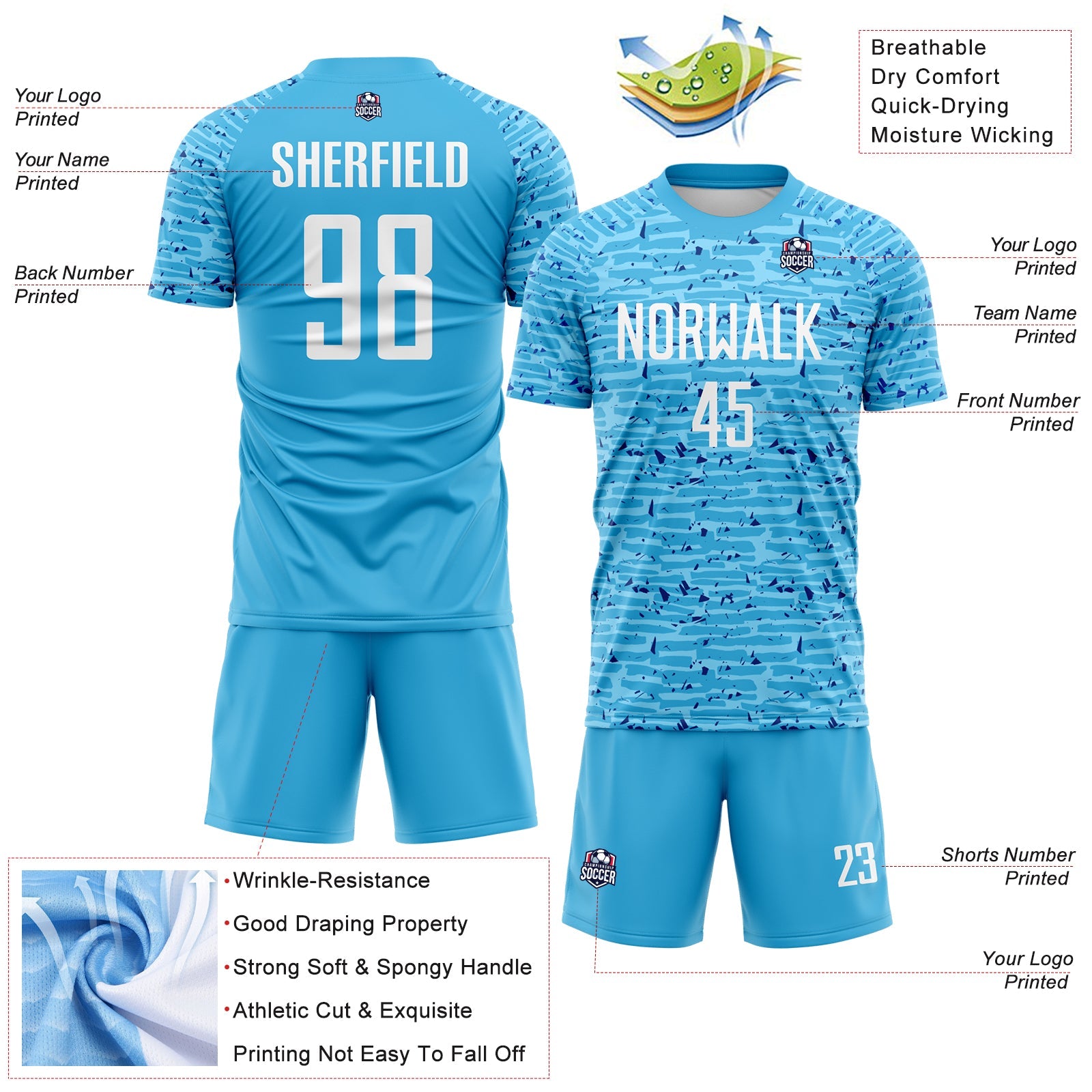 Custom Sky Blue-White Distressed Fragment Brush Stroke Sublimation Soccer Uniform Jersey view 4