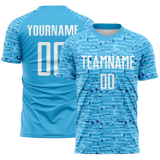 Custom Sky Blue-White Distressed Fragment Brush Stroke Sublimation Soccer Uniform Jersey - Main View