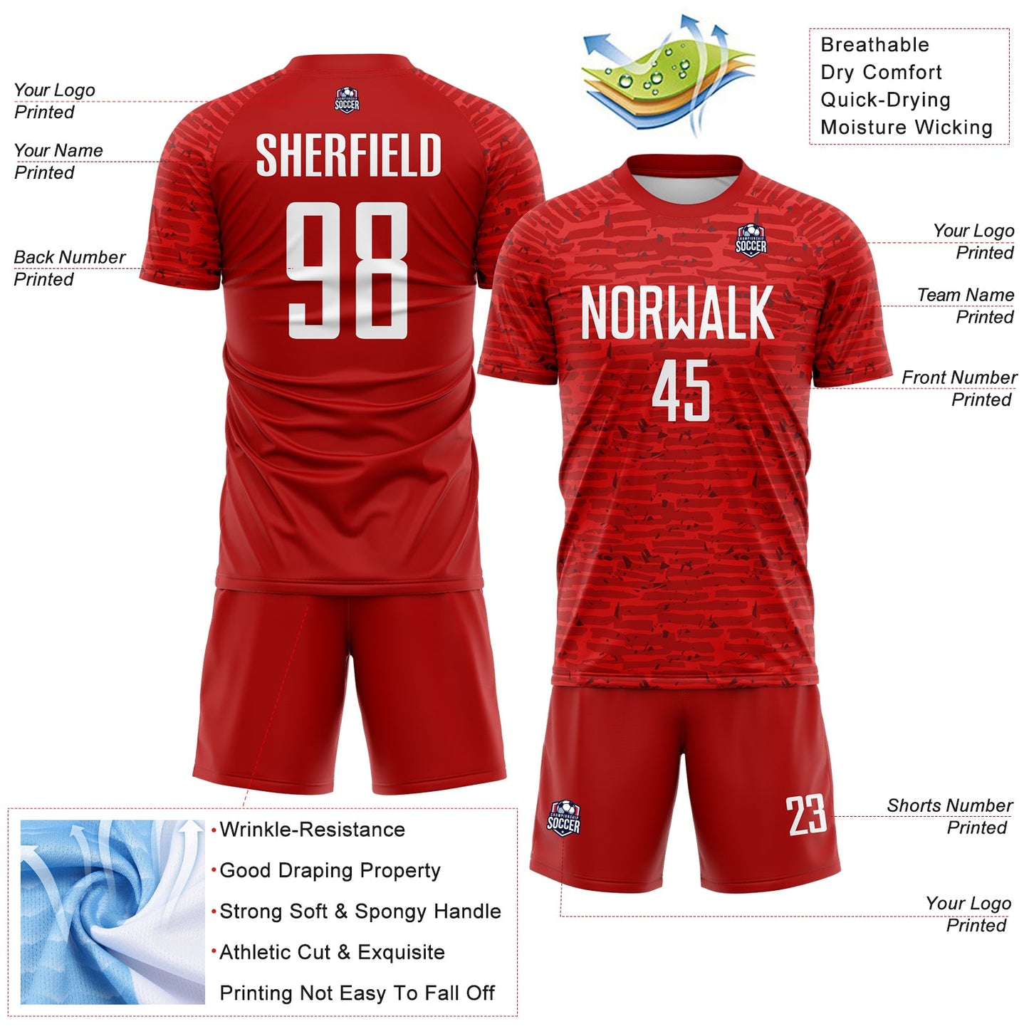 Custom Red-White Distressed Fragment Brush Stroke Sublimation Soccer Uniform Jersey view 4