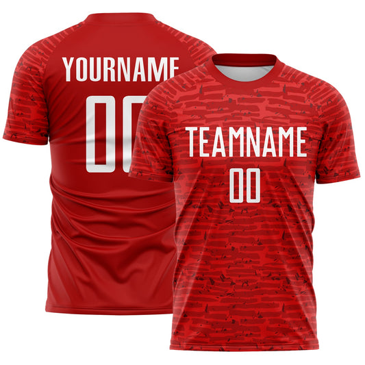 Custom Red-White Distressed Fragment Brush Stroke Sublimation Soccer Uniform Jersey - Main View