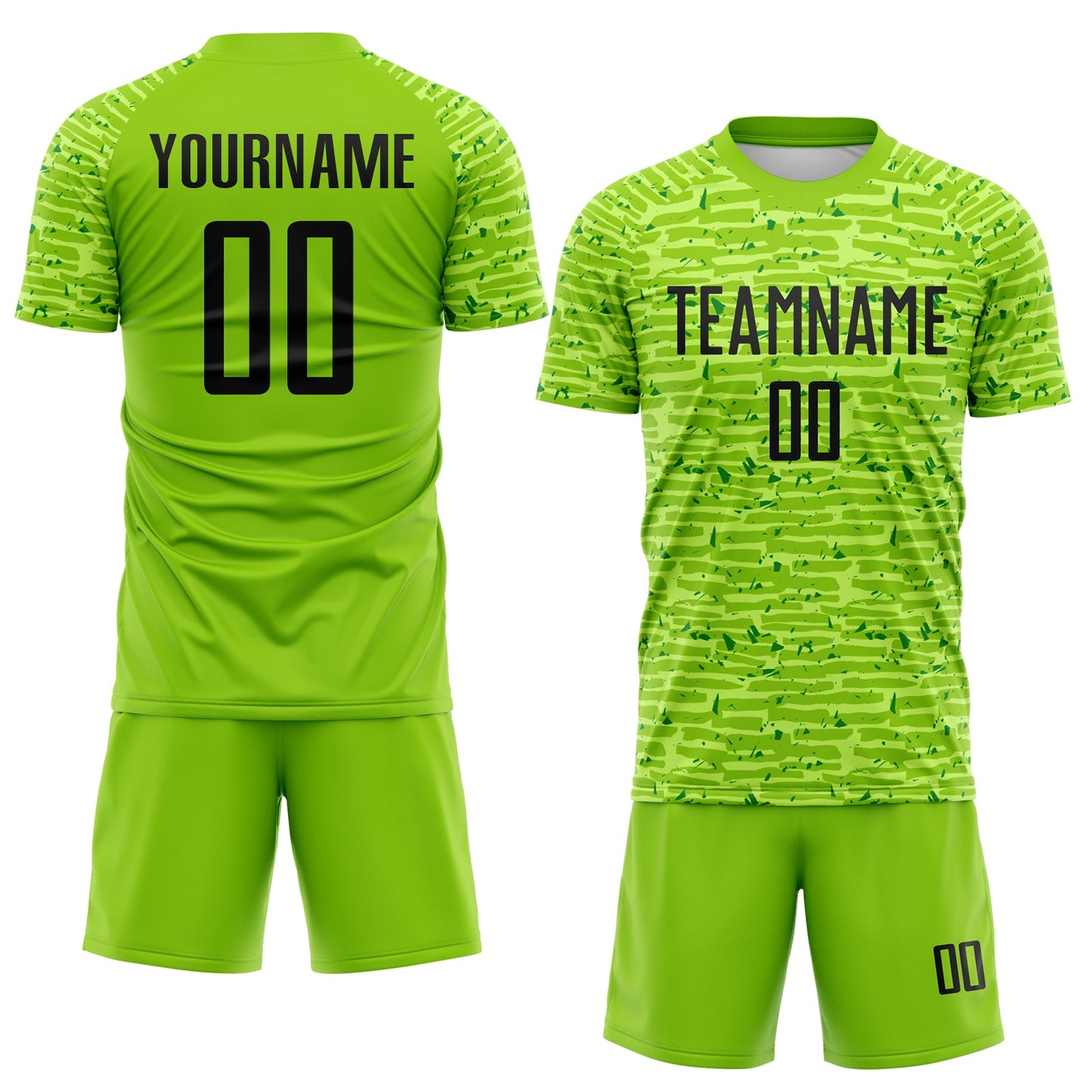 Custom Neon Green-Black Distressed Fragment Brush Stroke Sublimation Soccer Uniform Jersey view 2