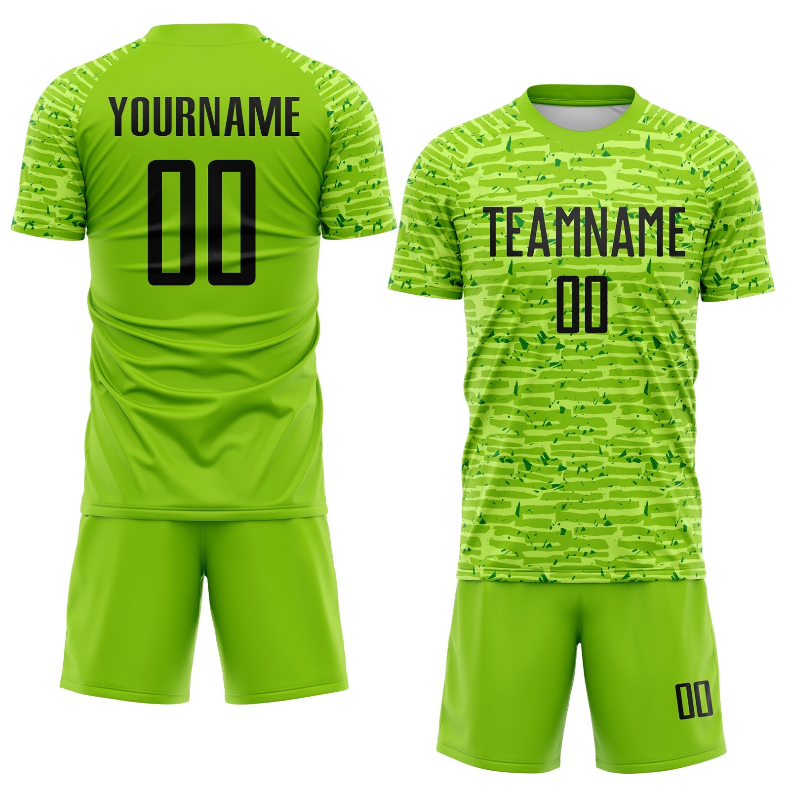 Custom Neon Green-Black Distressed Fragment Brush Stroke Sublimation Soccer Uniform Jersey view 2