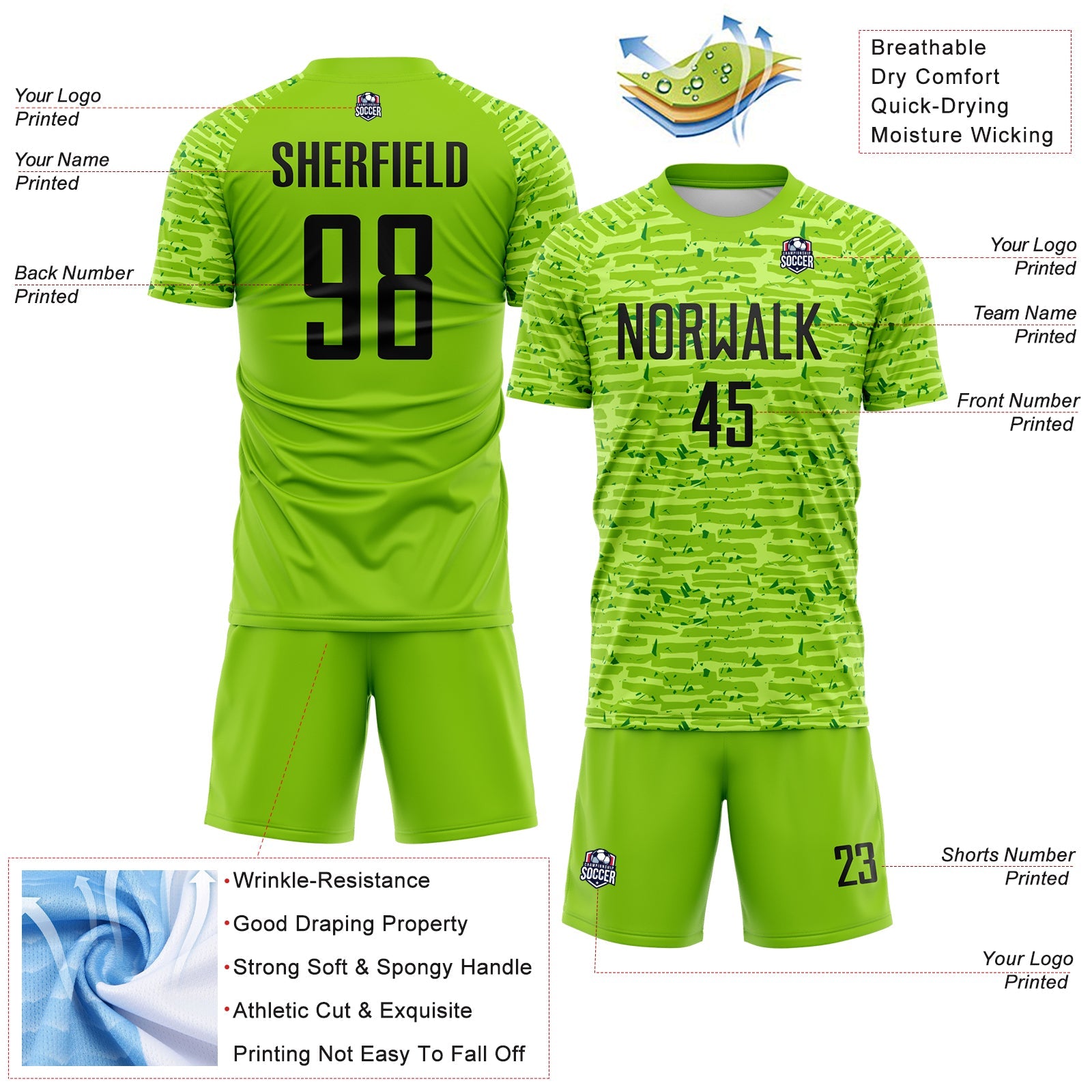 Custom Neon Green-Black Distressed Fragment Brush Stroke Sublimation Soccer Uniform Jersey view 4