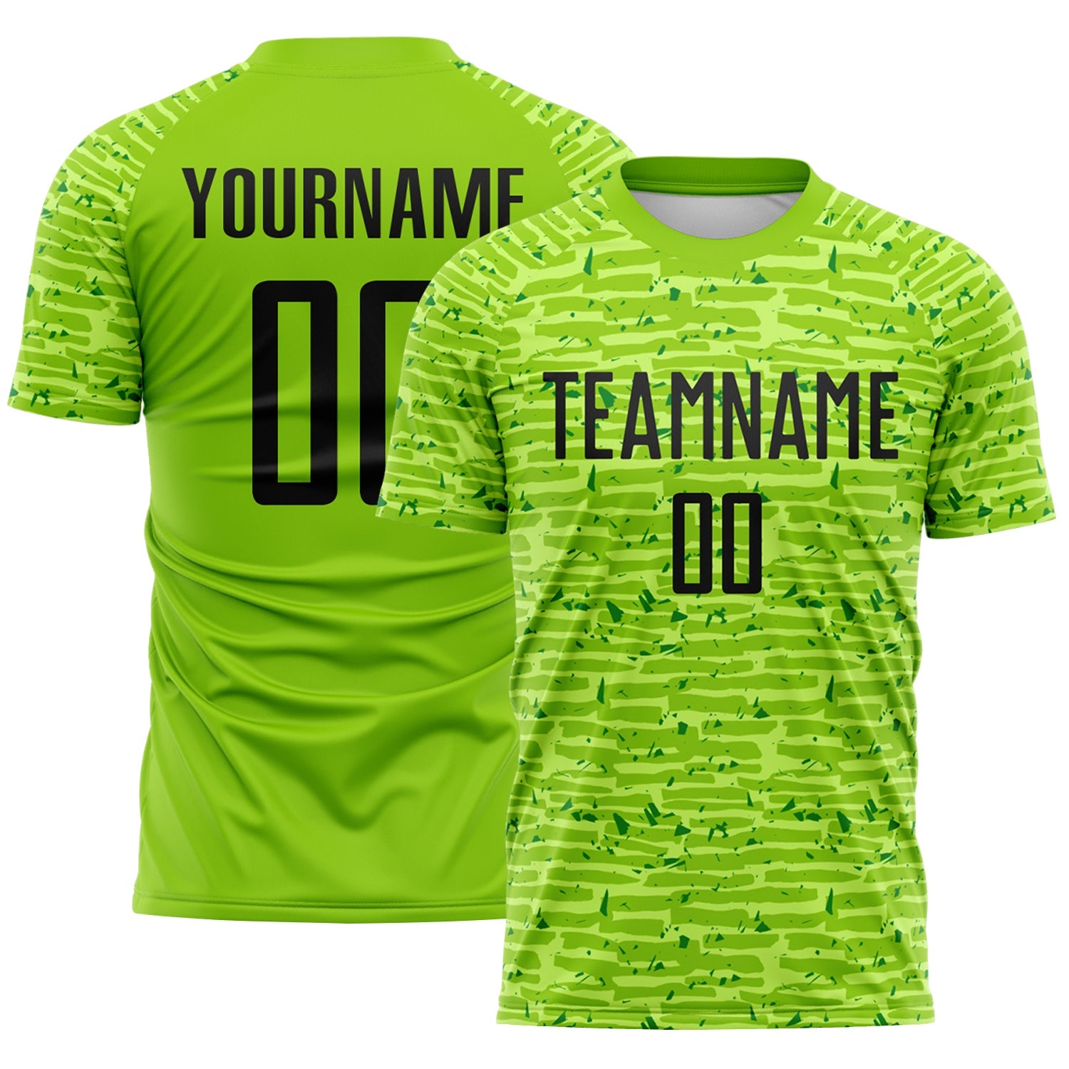 Custom Neon Green-Black Distressed Fragment Brush Stroke Sublimation Soccer Uniform Jersey - Main View