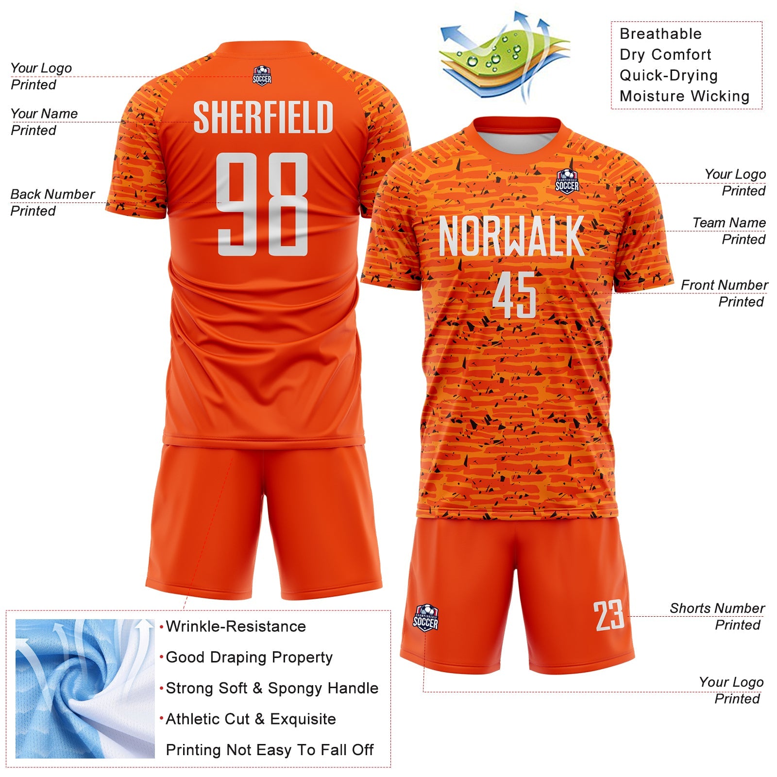 Custom Orange-White Distressed Fragment Brush Stroke Sublimation Soccer Uniform Jersey view 4